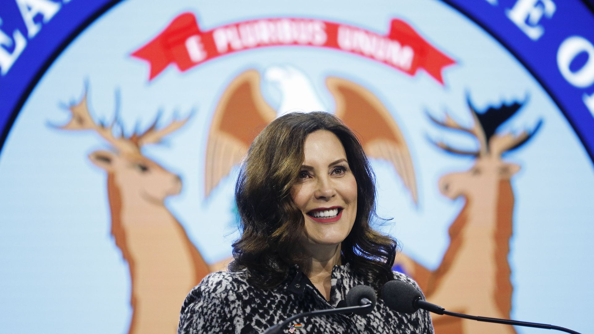 Gov. Whitmer in Romulus earlier this year to announce an electric battery plant in Michigan. Photo by Bill Pugliano/Getty Images