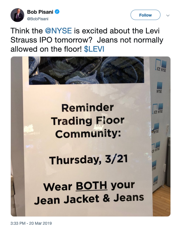A tweet showing a photo of a sign posted at the NYSE about the jeans policy.
