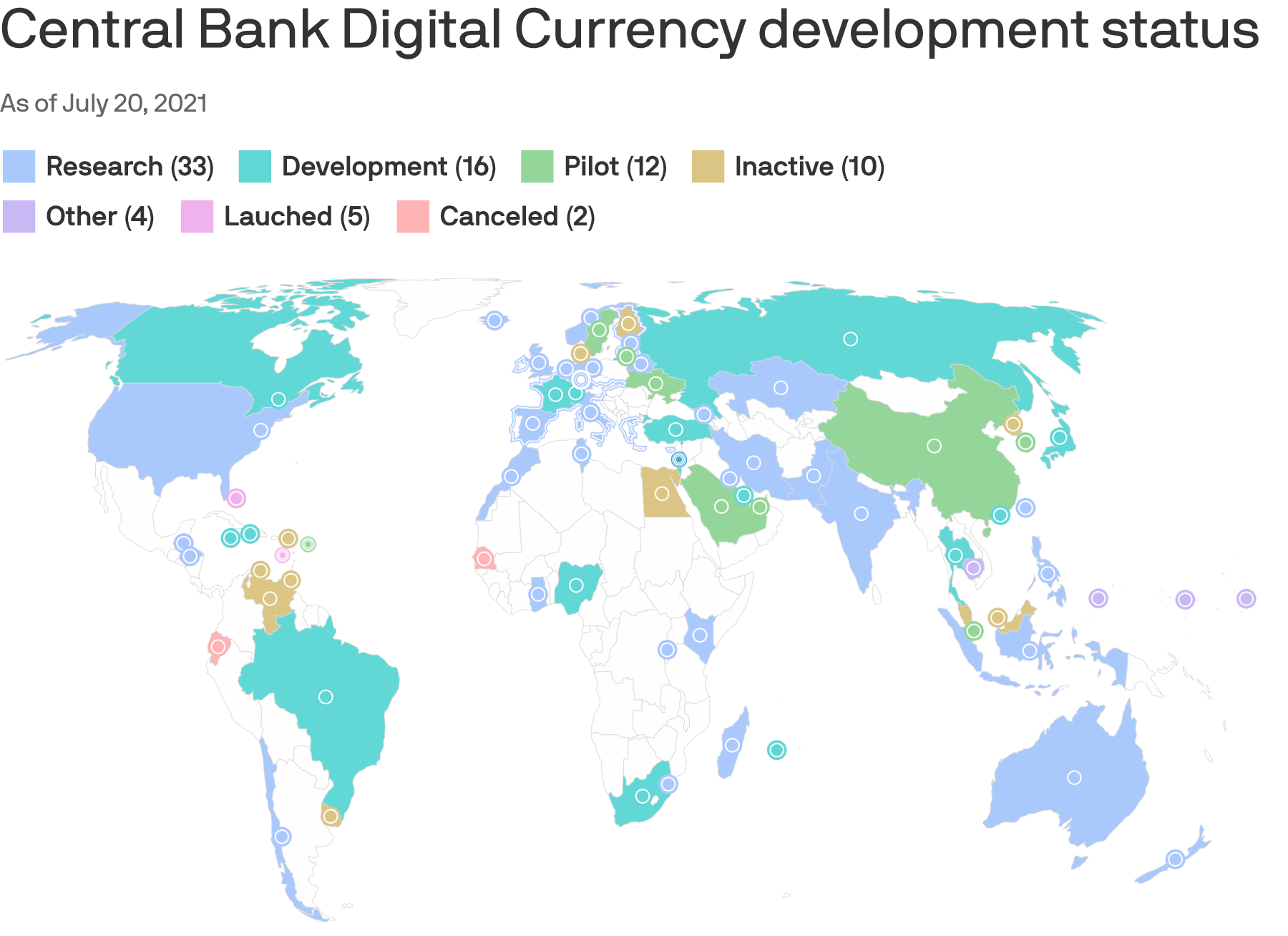 A map of countries exploring digital currencies 