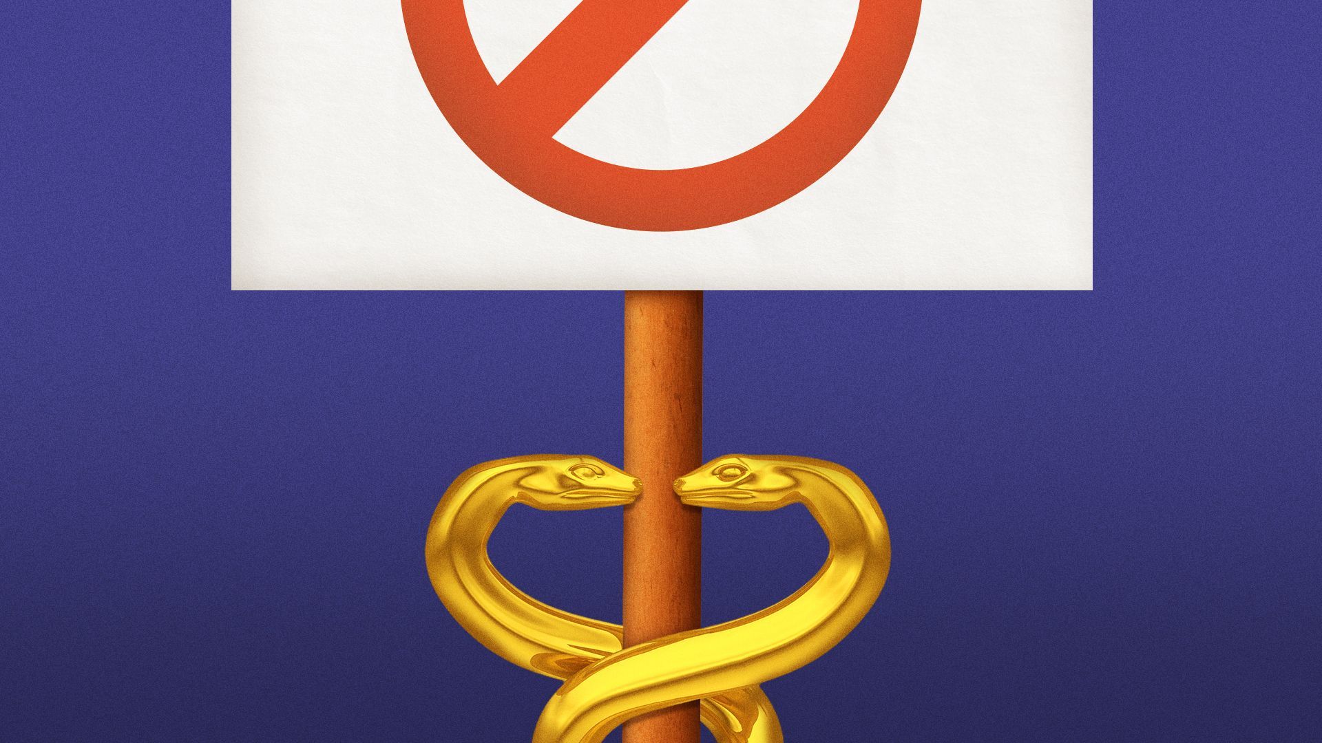 Illustration of a caduceus wrapped around a protest sign.