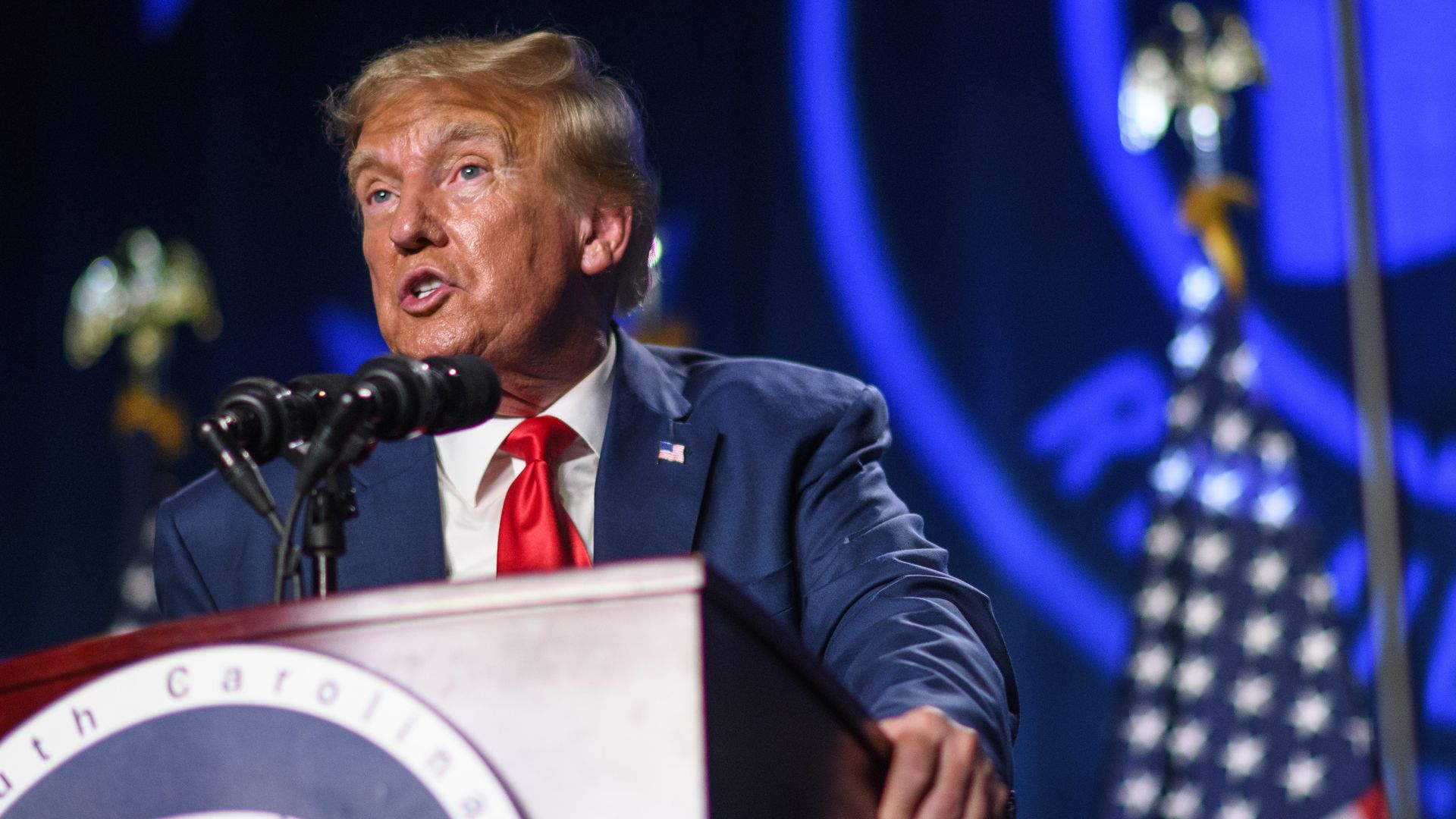 Donald Trump speaks as the keynote speaker at the 56th Annual Silver Elephant Dinner hosted by the South Carolina Republican Party on August 5, 2023 in Columbia, South Carolina.