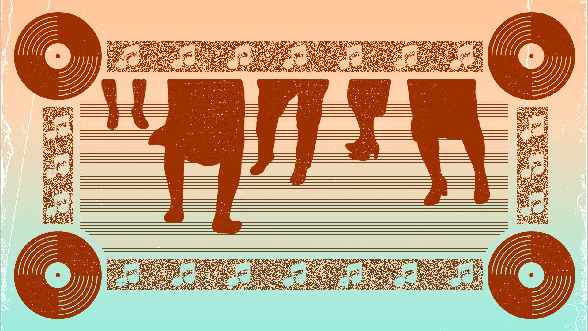 Illustration of a collage meant to look like a concert poster, with a border made of vinyl records and musical notes, and the lower halves of five people dancing on a dance floor.