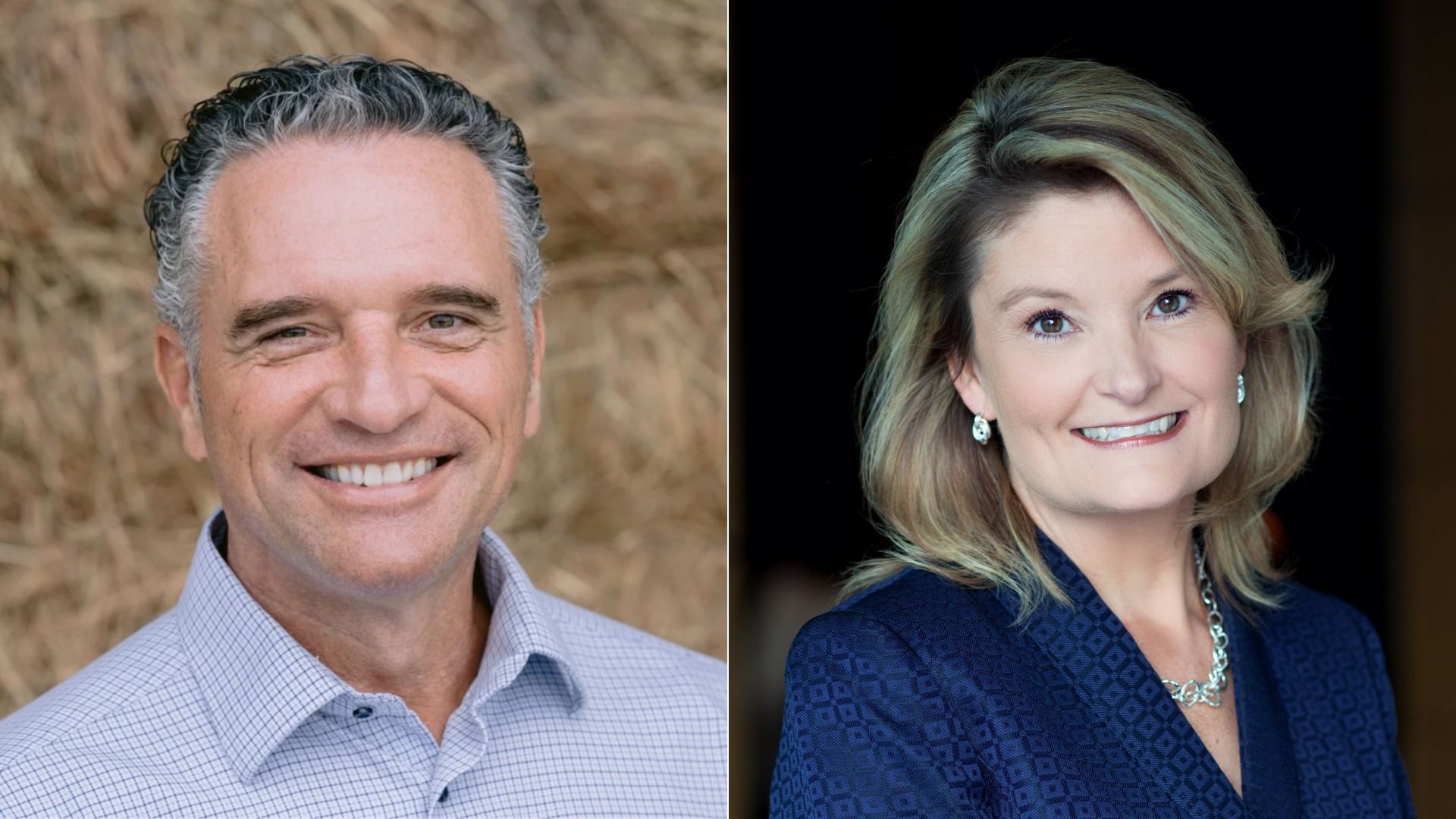 Split image of two people: left, a smiling man with gray hair in a light checkered shirt outdoors; right, a smiling woman with blonde hair in a navy patterned blouse against a dark background.