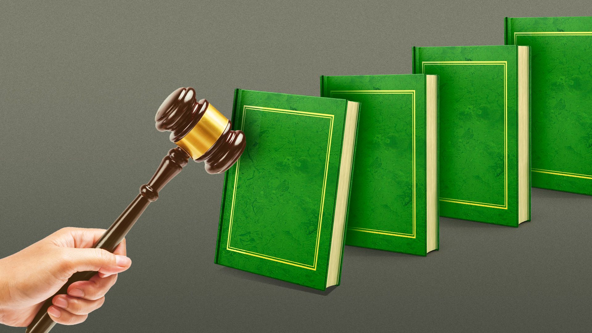 Illustration of books like dominoes being hit by a gavel.