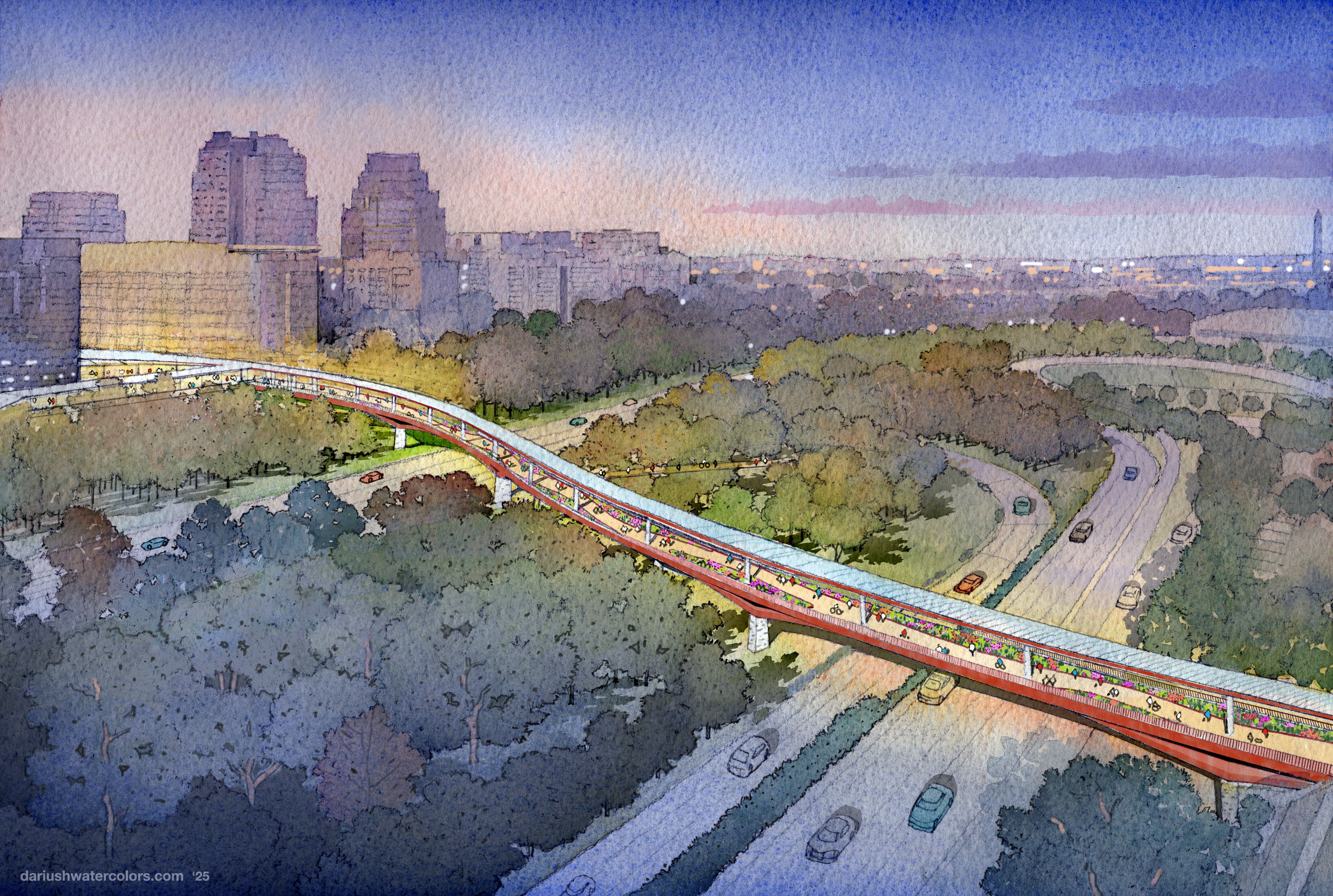 A watercolor rendering shows a long bridge stretching across a highway.