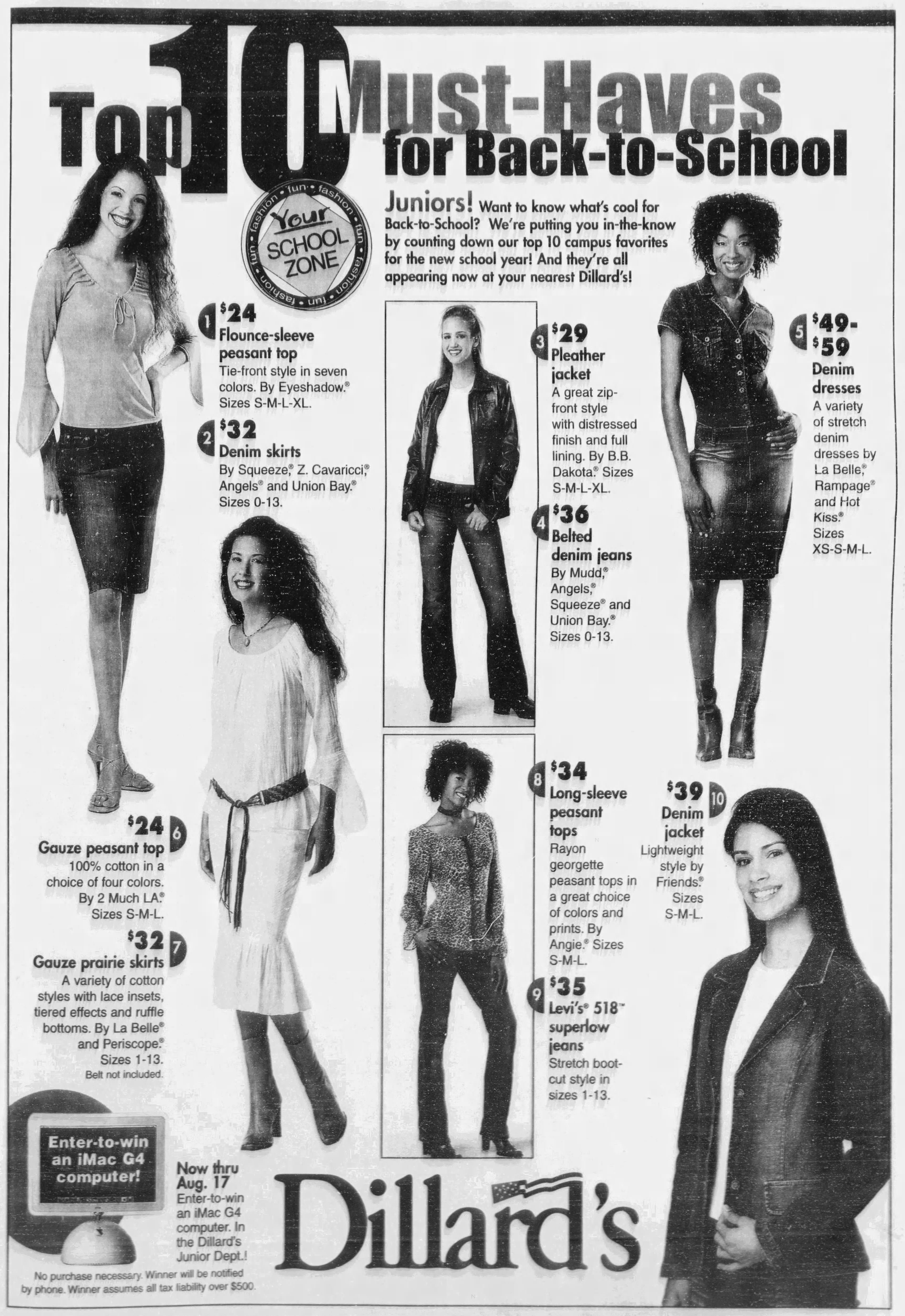 Back-to-school 2002 ads feature low-rise jeans, dresses, and skirts.