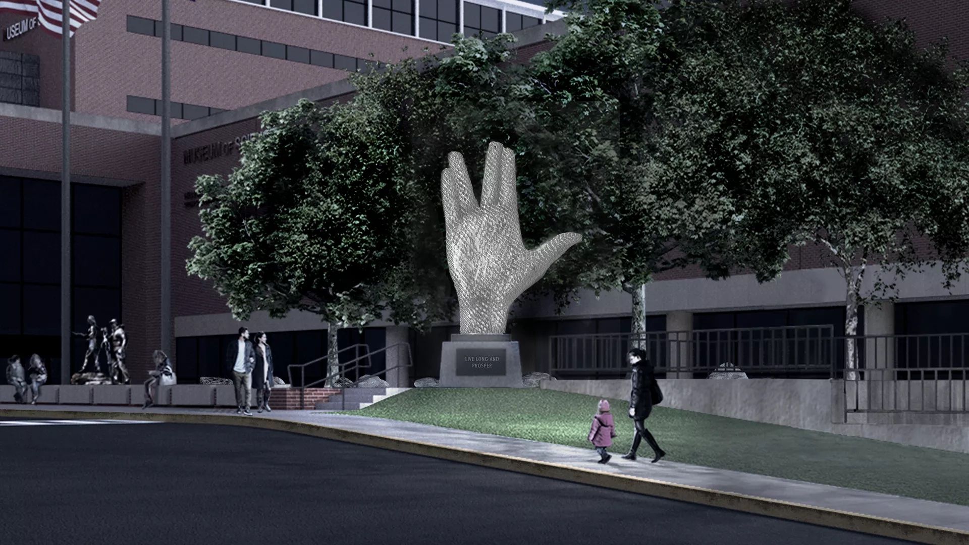Photo of a rendering of a statue of a hand offering the Vulcan "live long and prosper" salute