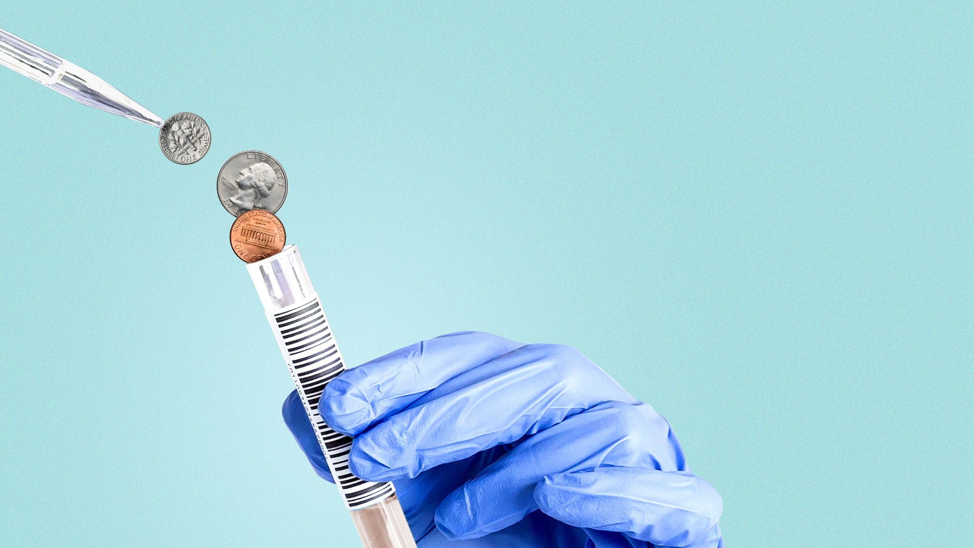 Illustration of a pipette dropping droplets of coins into a test tube.