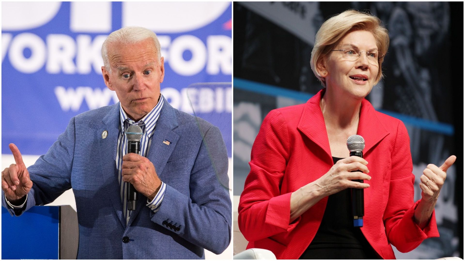 This image is a split screen of Elizabeth Warren and Joe Biden, who are both standing and speaking into microphones.