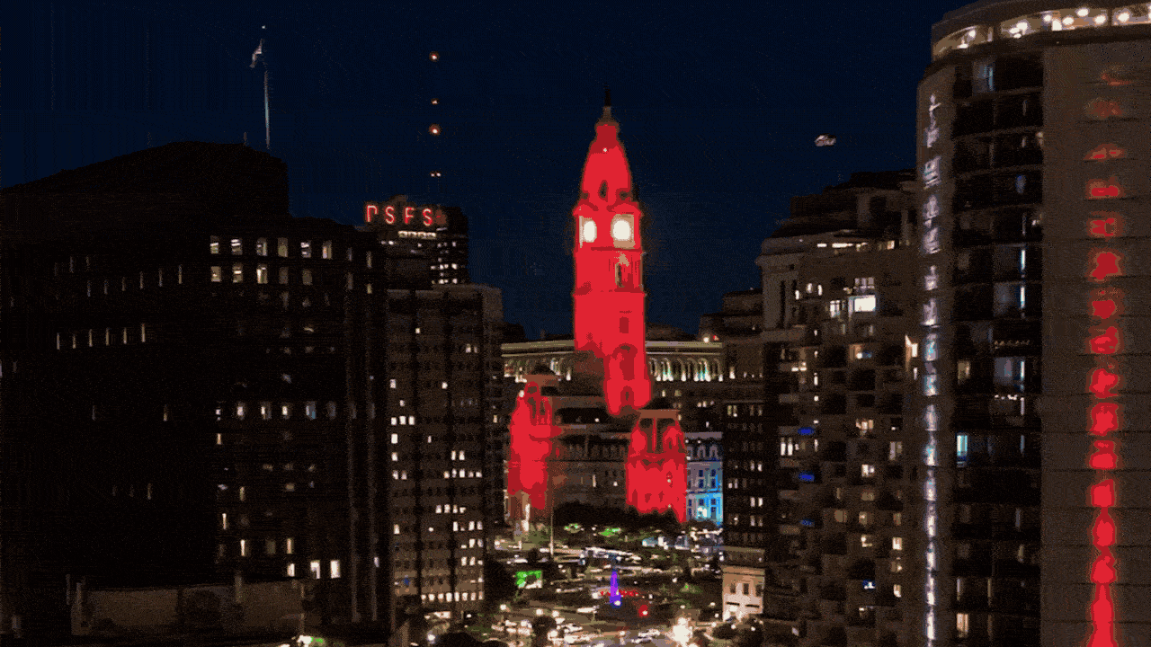 The new, colorful lights illuminate Philadelphia's City Hall
