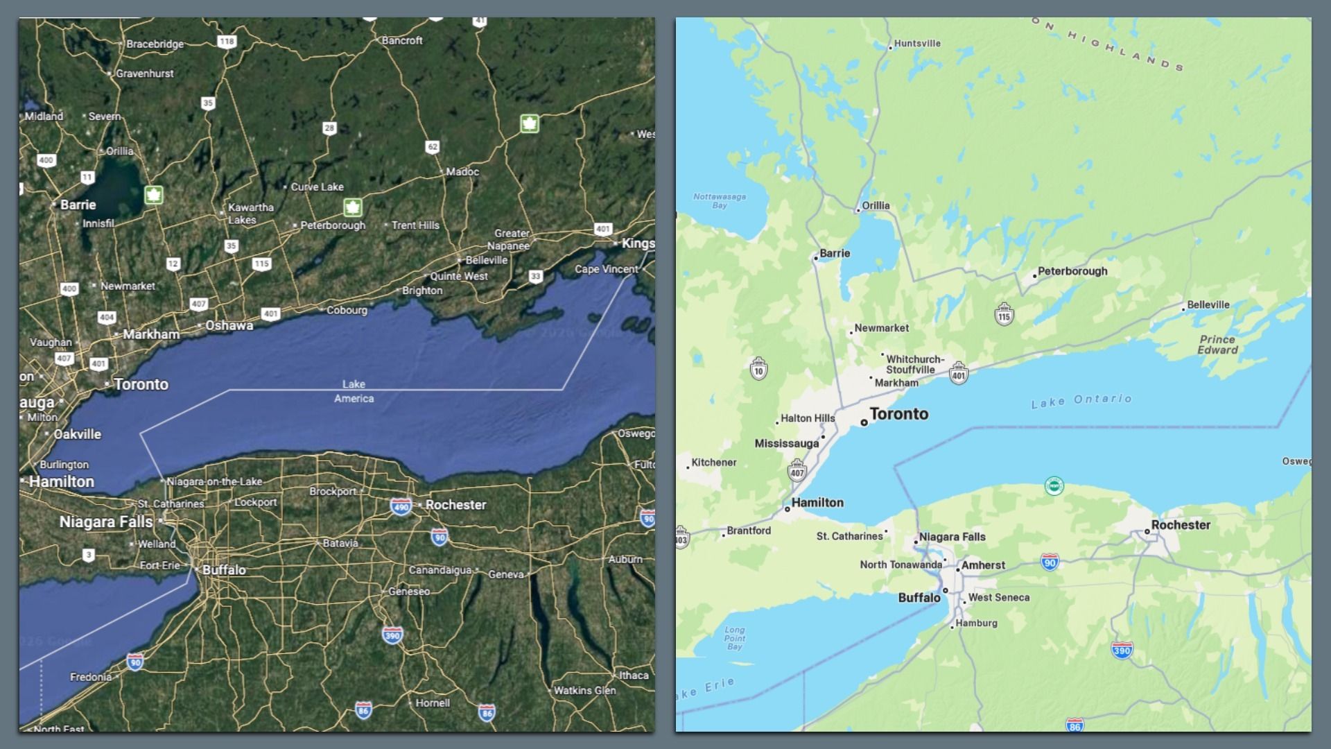 Split-screen map of southern Ontario: left shows a dark satellite view around Toronto with towns like Barrie and Oshawa; right shows a light vector map of the same area with Toronto and nearby towns. The left map labels a large lake as Lake America; the right labels it Lake Ontario.