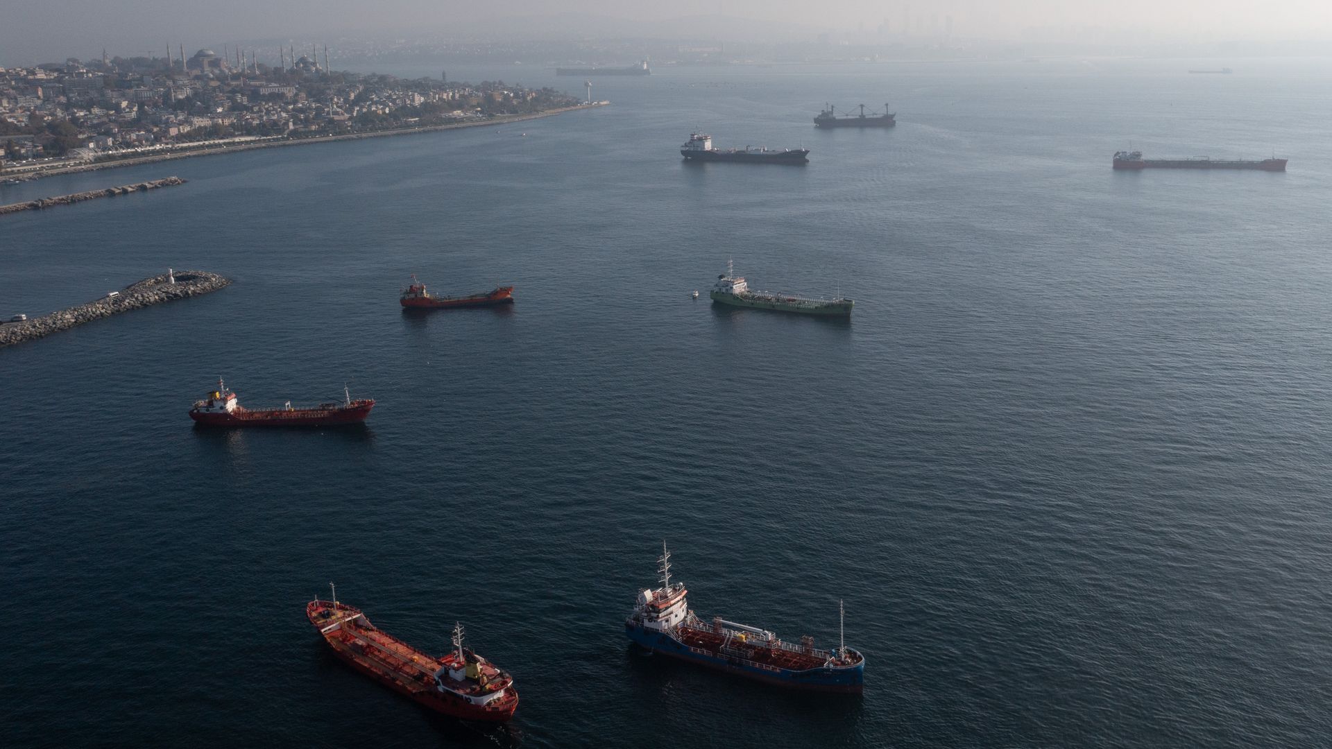 Ships, including those carrying grain from Ukraine and awaiting inspections, are seen anchored off the Istanbul coastline.