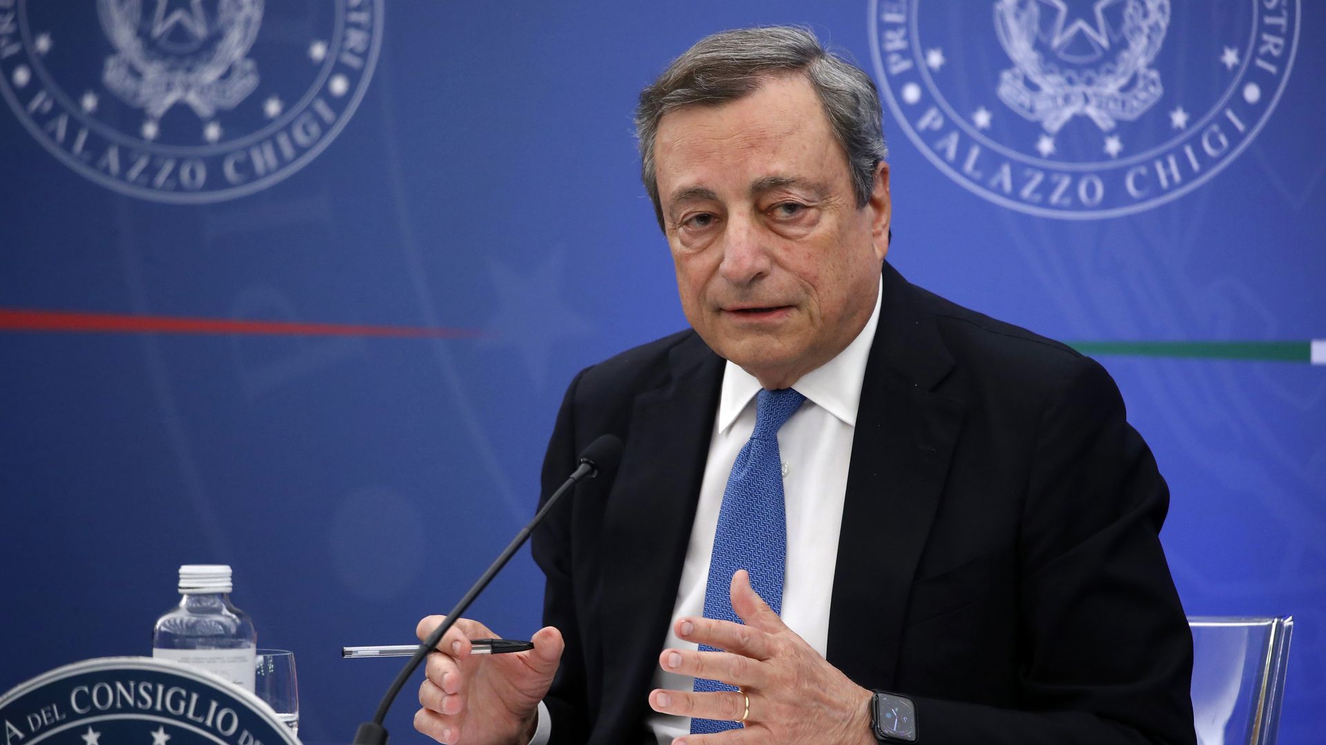 Italian Prime Minister Mario Draghi during the press conference at the Multifunctional Hall of the Prime Minister on July 12, 2022.
