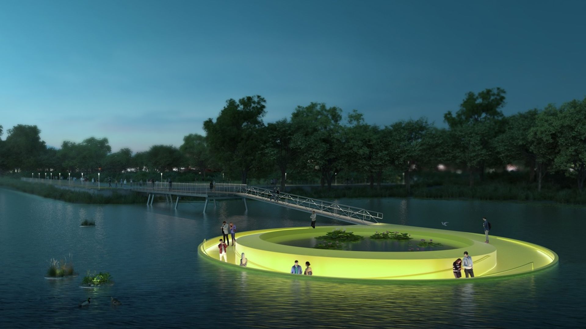 A rendering of FloatLab, an art installation on the Schuylkill River