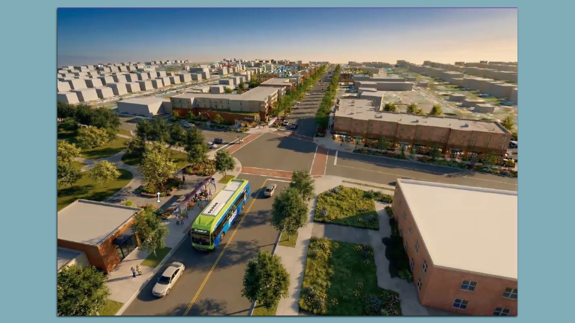 Aerial view of a planned suburban town: uniform beige blocks on the left, tree-lined main street in the center, brick storefronts on the right, and a green bus in the foreground.