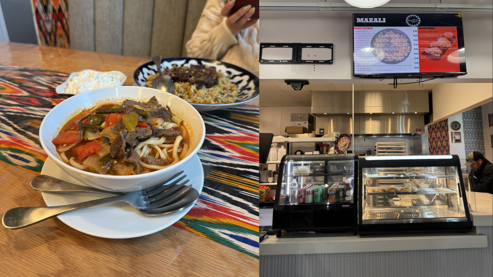 Two-panel restaurant scene: left features a white bowl of beef noodle soup with vegetables on a bright striped table; a person sits nearby. Right shows a cafe counter with a glass display case and drinks.