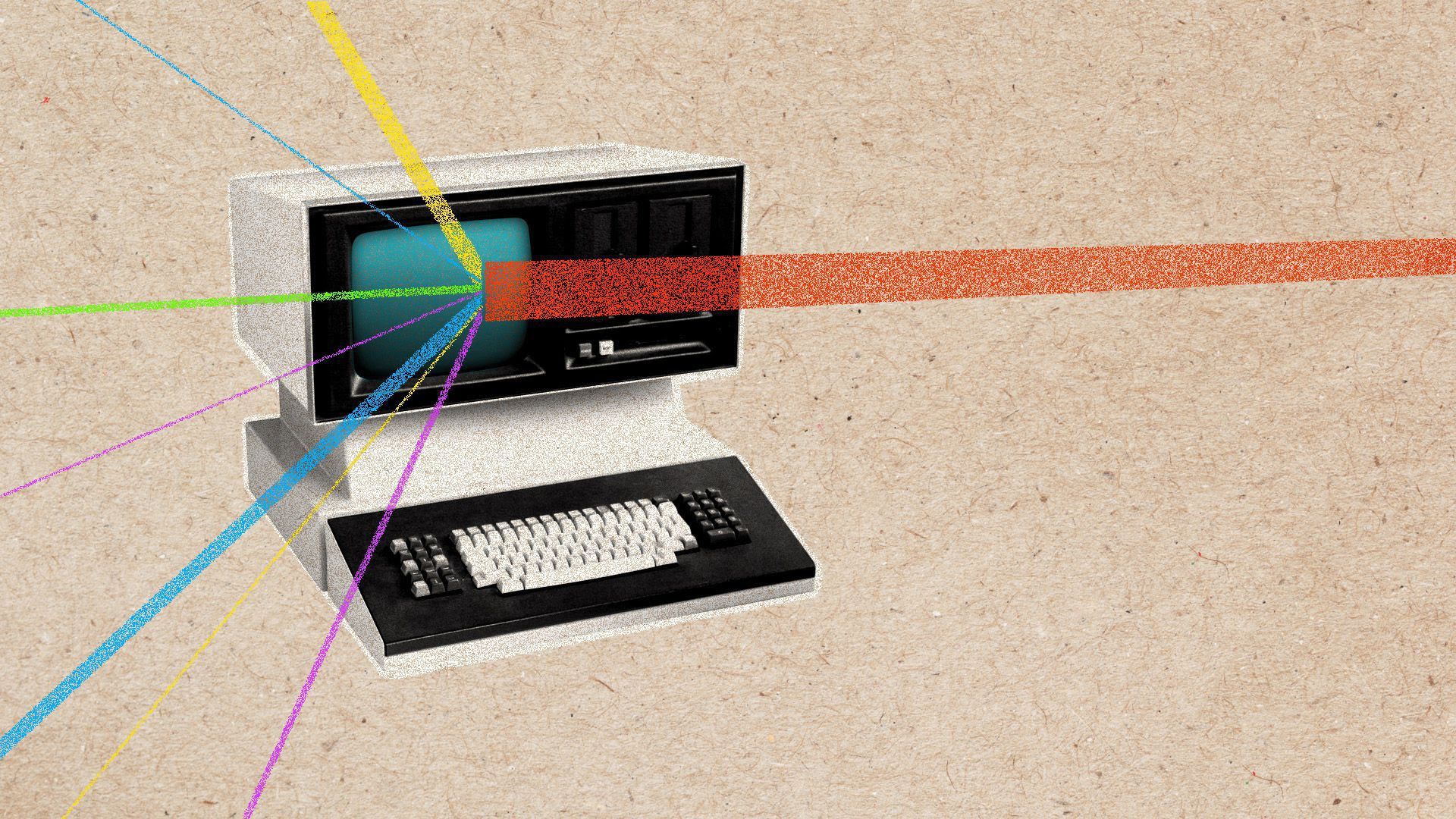 An illustration of a computer with beams of light shining out