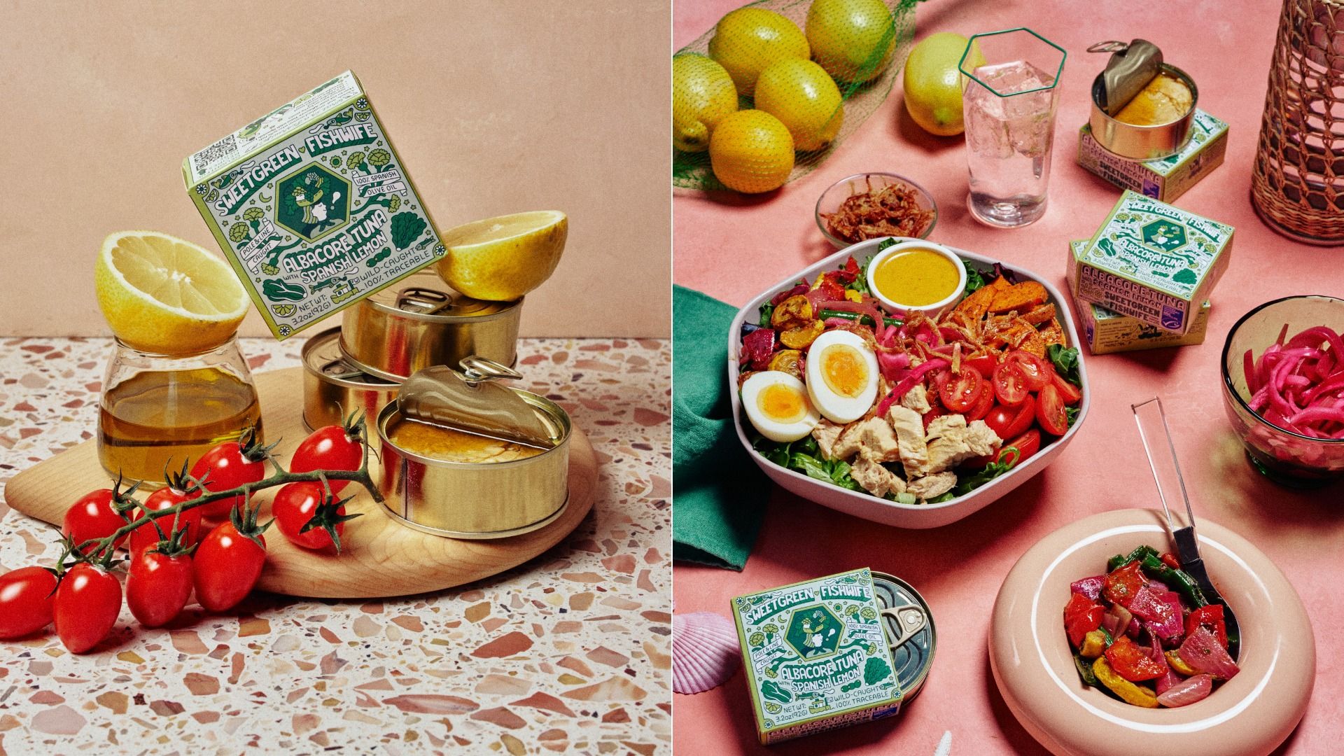 Split image: left shows stacked tuna tins with a lemon half, olive oil, and cherry tomatoes on terrazzo; right shows a pink table with a salad bowl, boiled eggs, tomatoes, tuna, and lemon boxes.