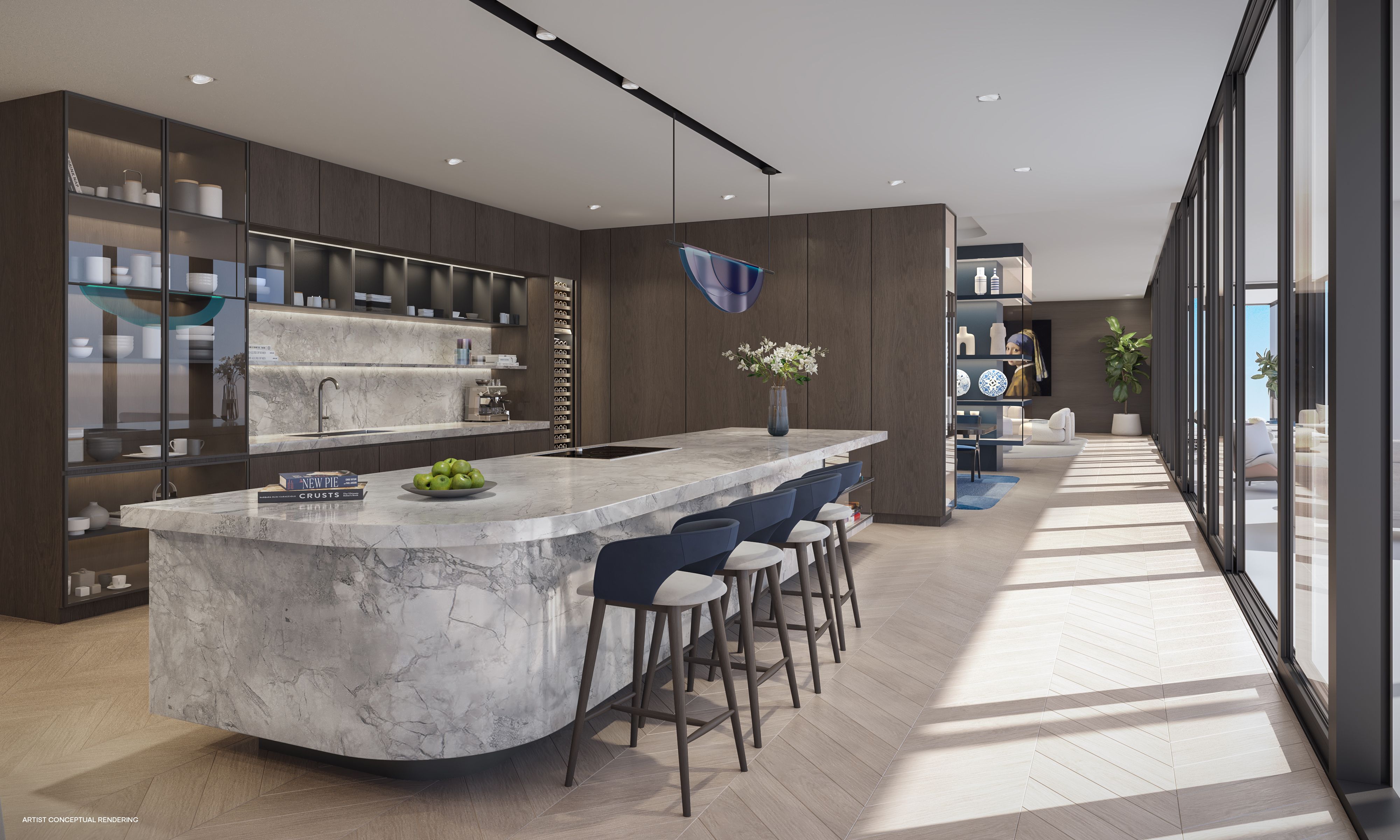 Modern kitchen with large marble island, dark wood cabinets, blue stools, glass shelves with dishes, and floor-to-ceiling windows letting in sunlight on light wood flooring.