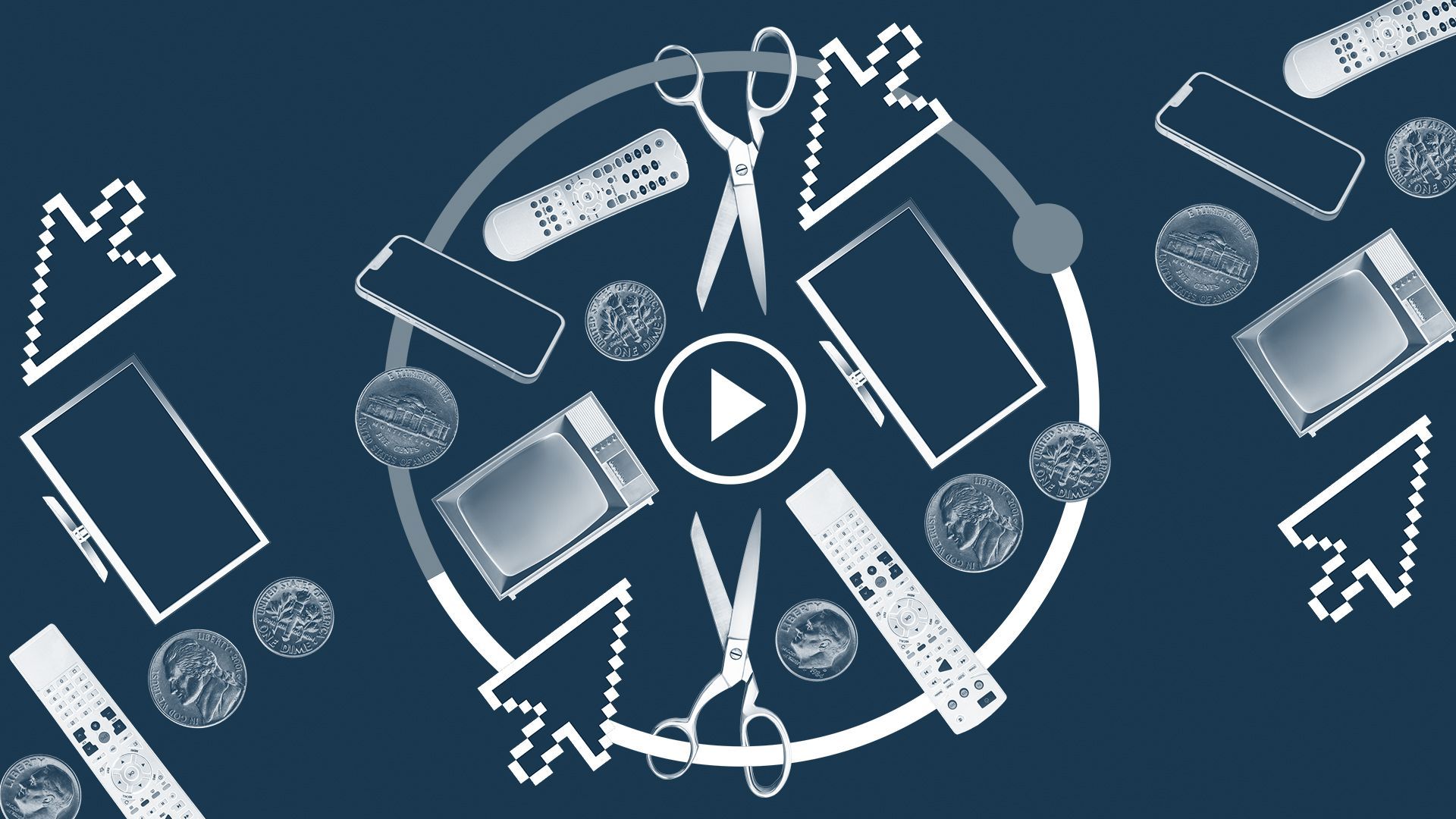 Illustration of a TV, cellphone, monitor, scissors, coins, and cursor arranged randomly around a play button within a circle made from a streaming progress bar 