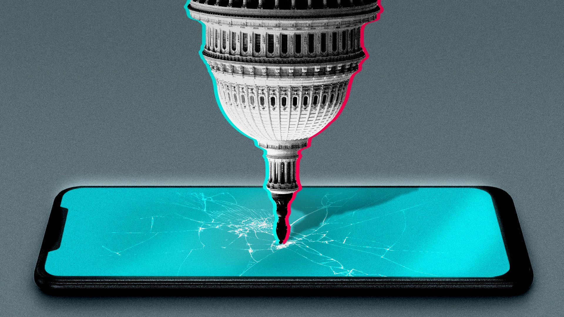 Illustration of the US Capitol dome piercing a smart phone. The Capitol has pink and blue strokes in the colors and style of Tik Tok's logo.