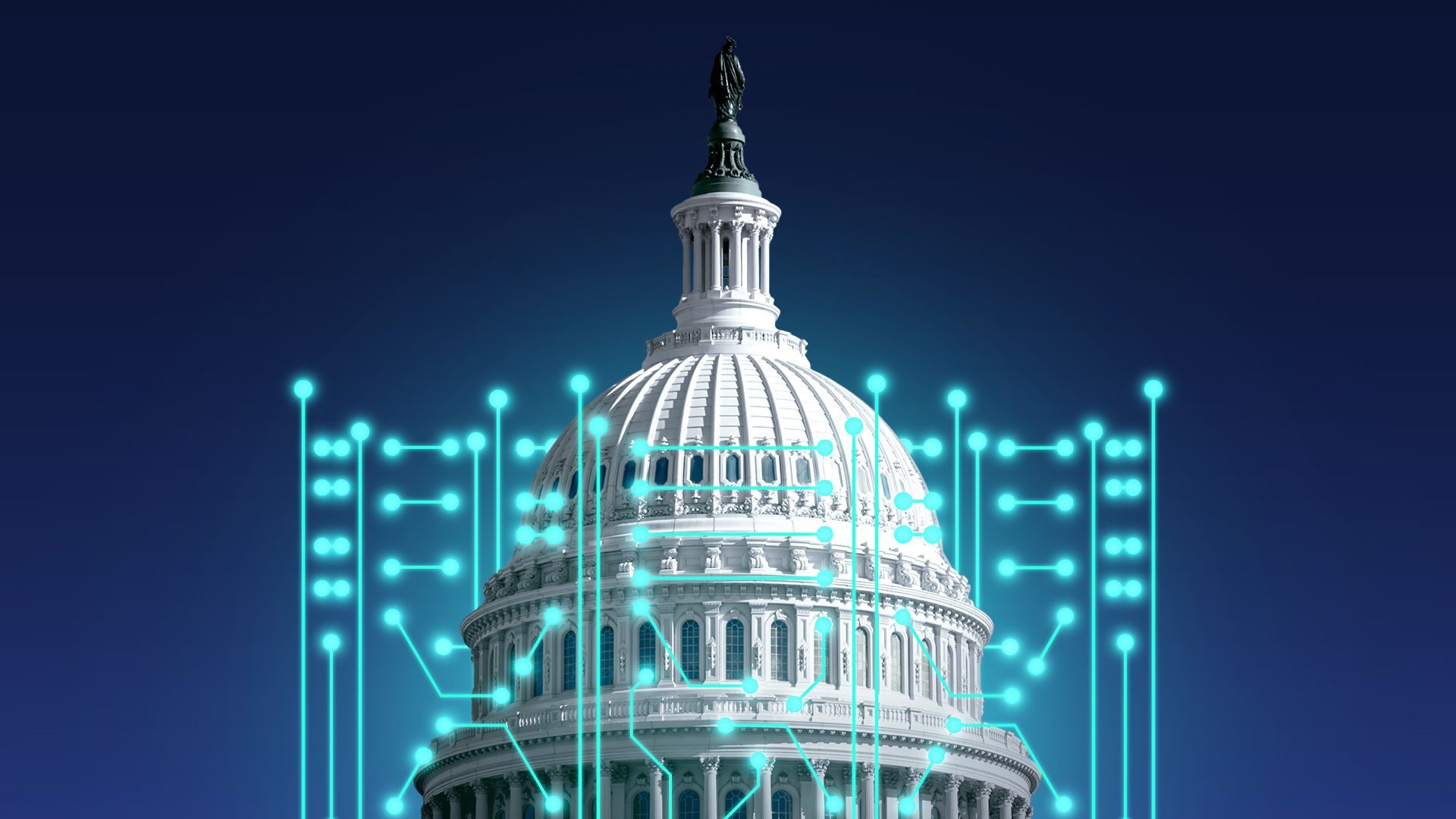 Illustration of the Capitol dome with scaffolding all around made from a glowing circuit pattern.