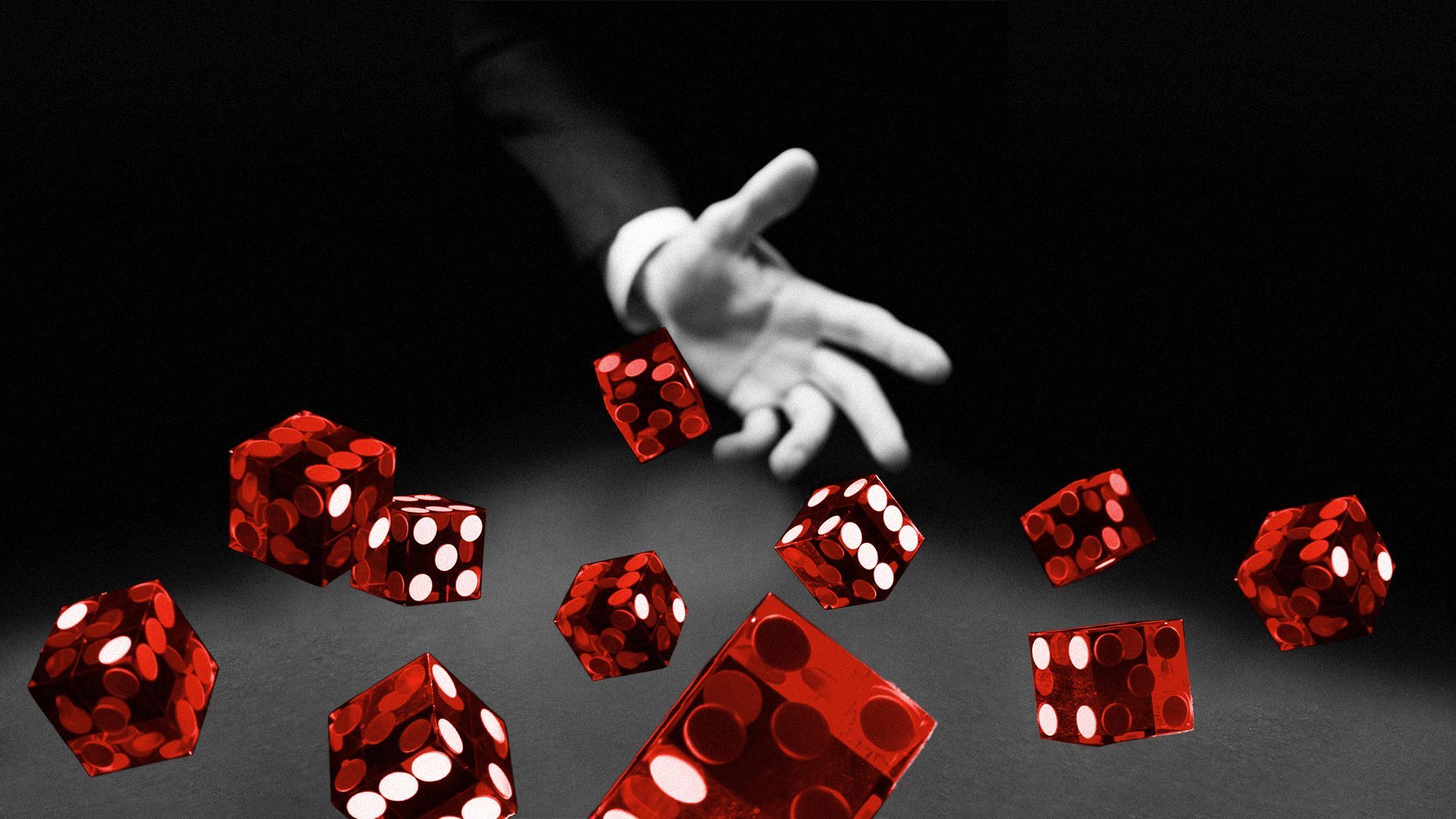 Illustration of a hand throwing lots of dice.