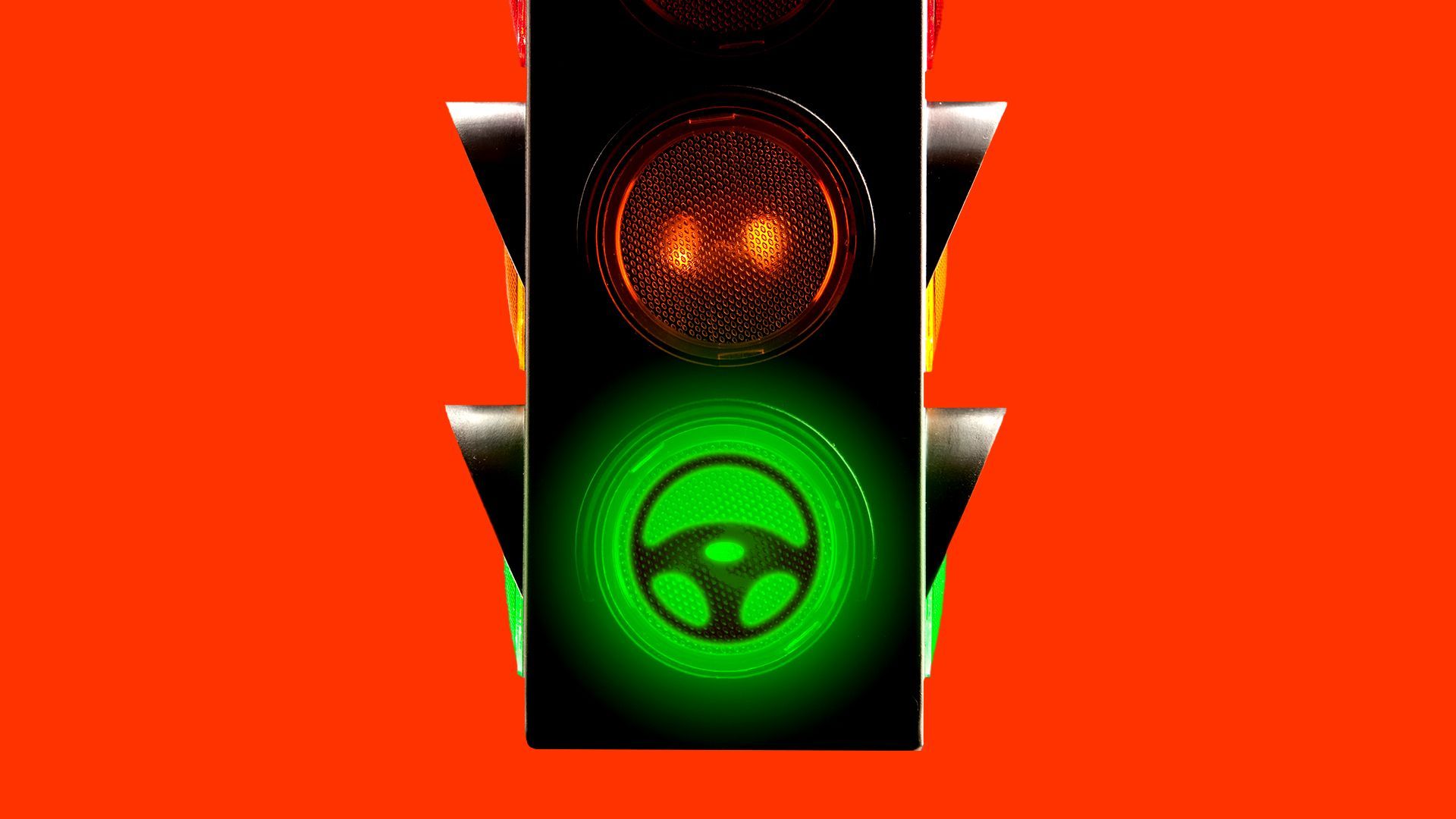 Illustration of a traffic light with a green light revealing a steering wheel