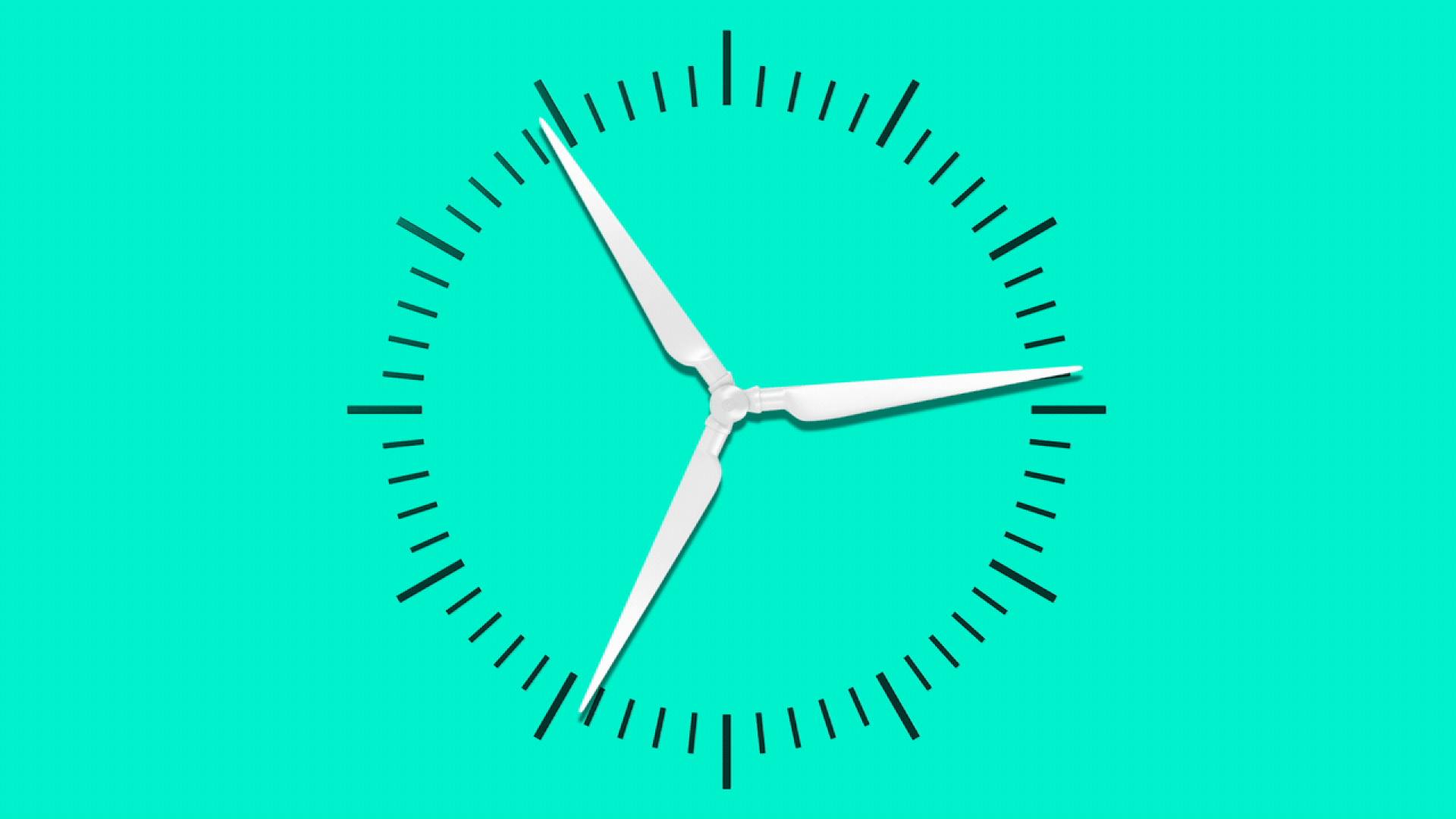 Animated illustration of a wind turbine rotating on a clock face.