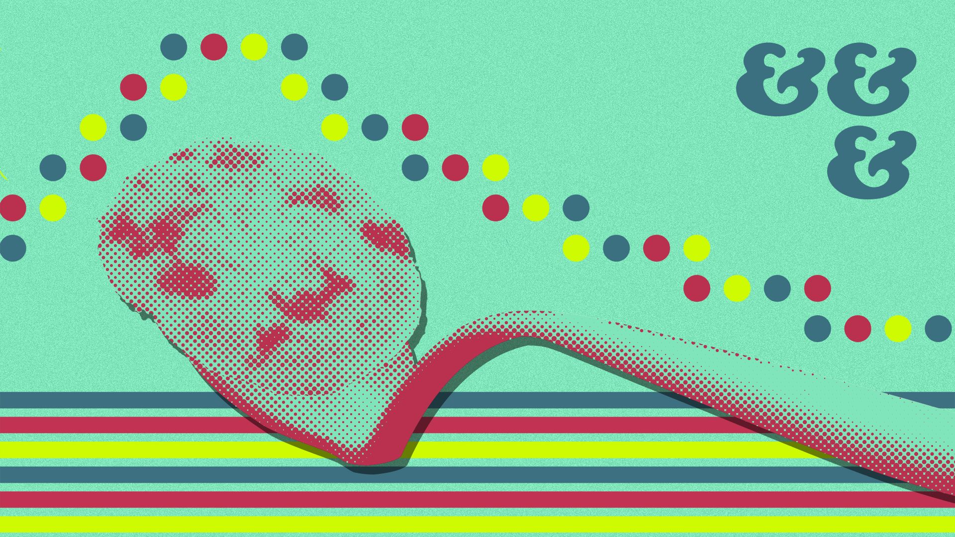 Illustration of a cookie on top of a spoon, with patterns of stripes and dots around it, and three ampersands.