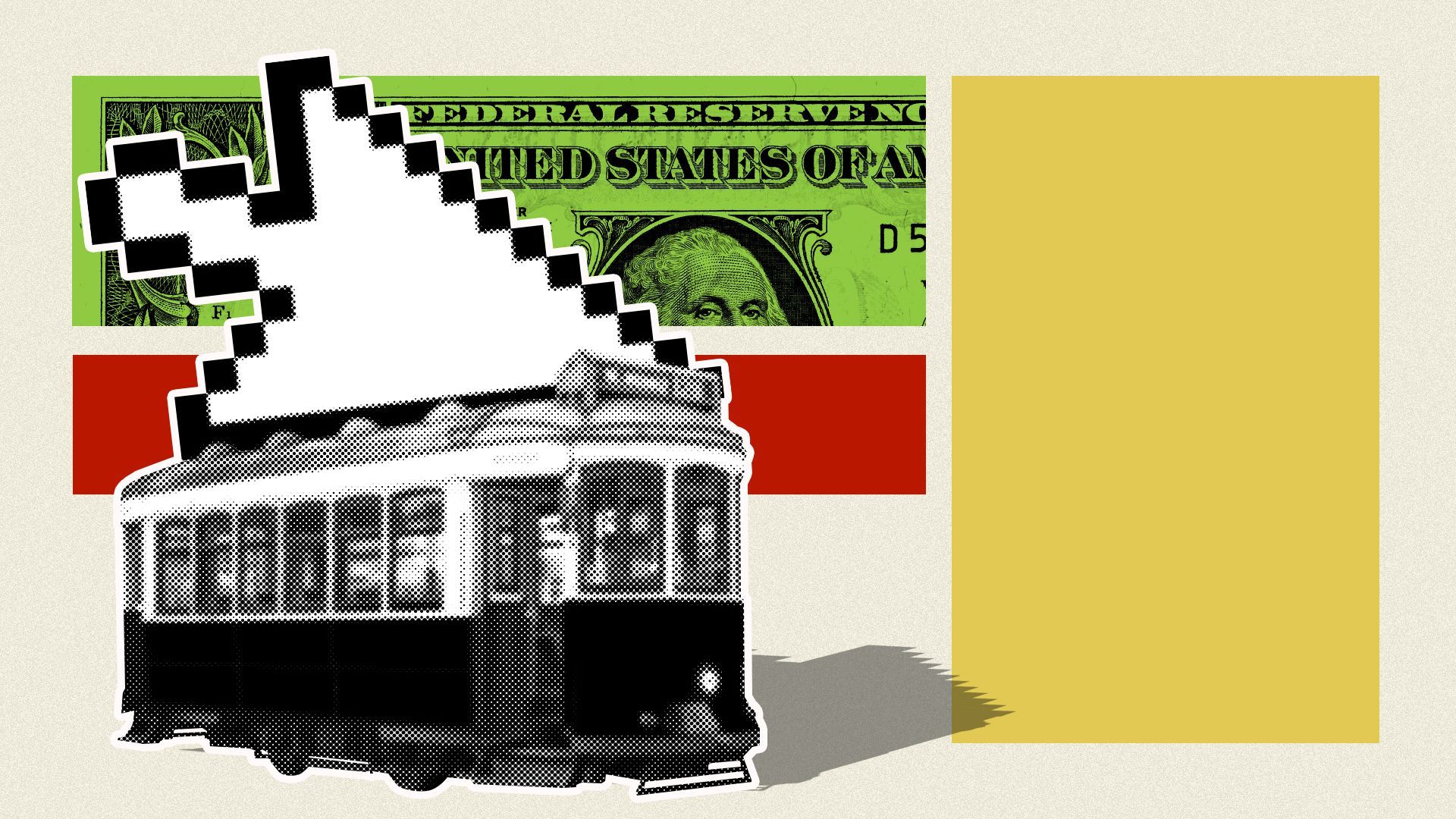 Illustrated collage of a tram with a cursor on top.