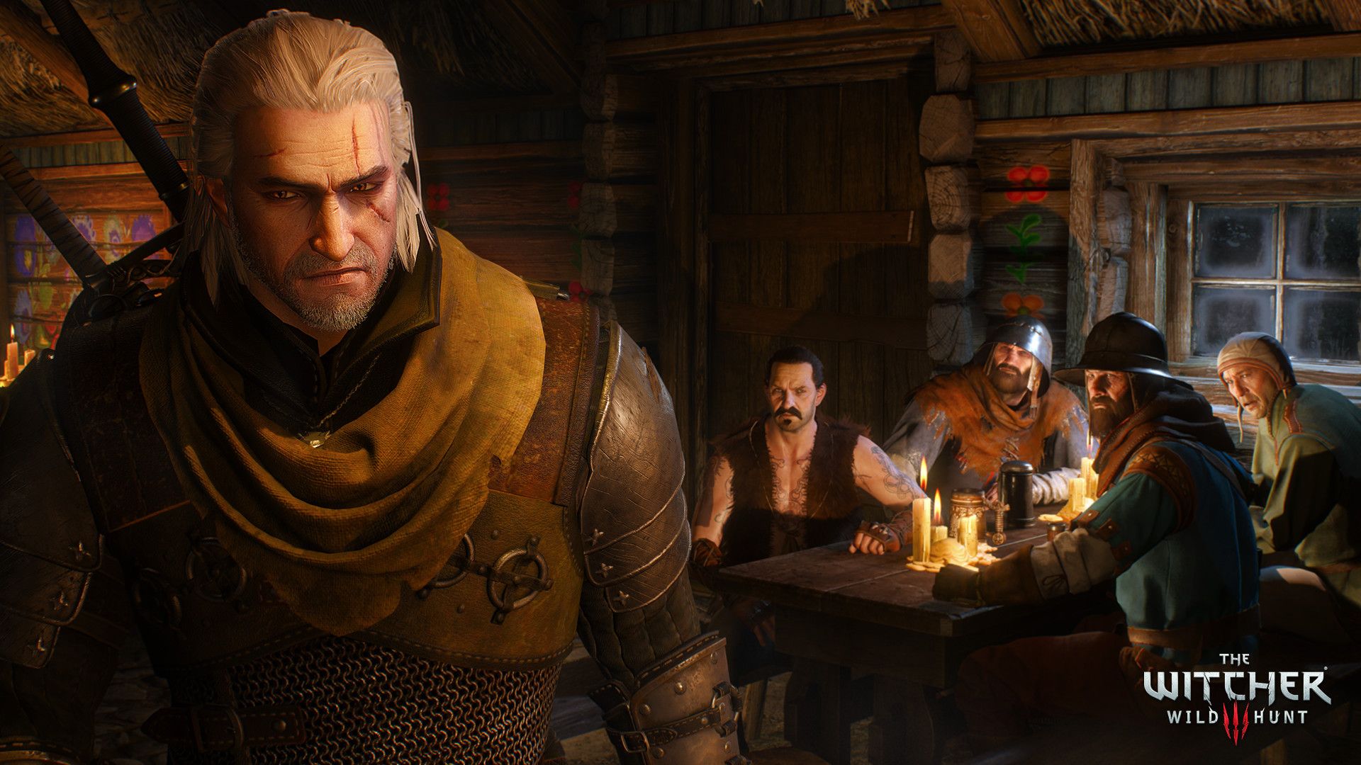 Video game screenshot of a sword-wielding man in what looks like a medieval tavern. 