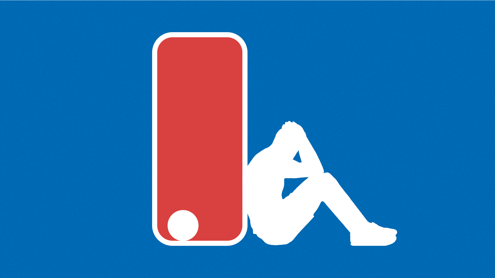 Illustration of the NBA logo with the ball left abandoned and the player sitting and leaning against the outside frame of the logo with his head in his hands. 