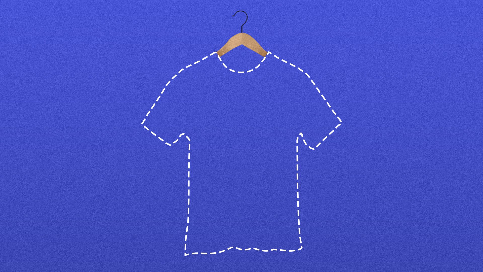 Illustration of a dotted outline of a t-shirt hanging on a clothes hanger.  