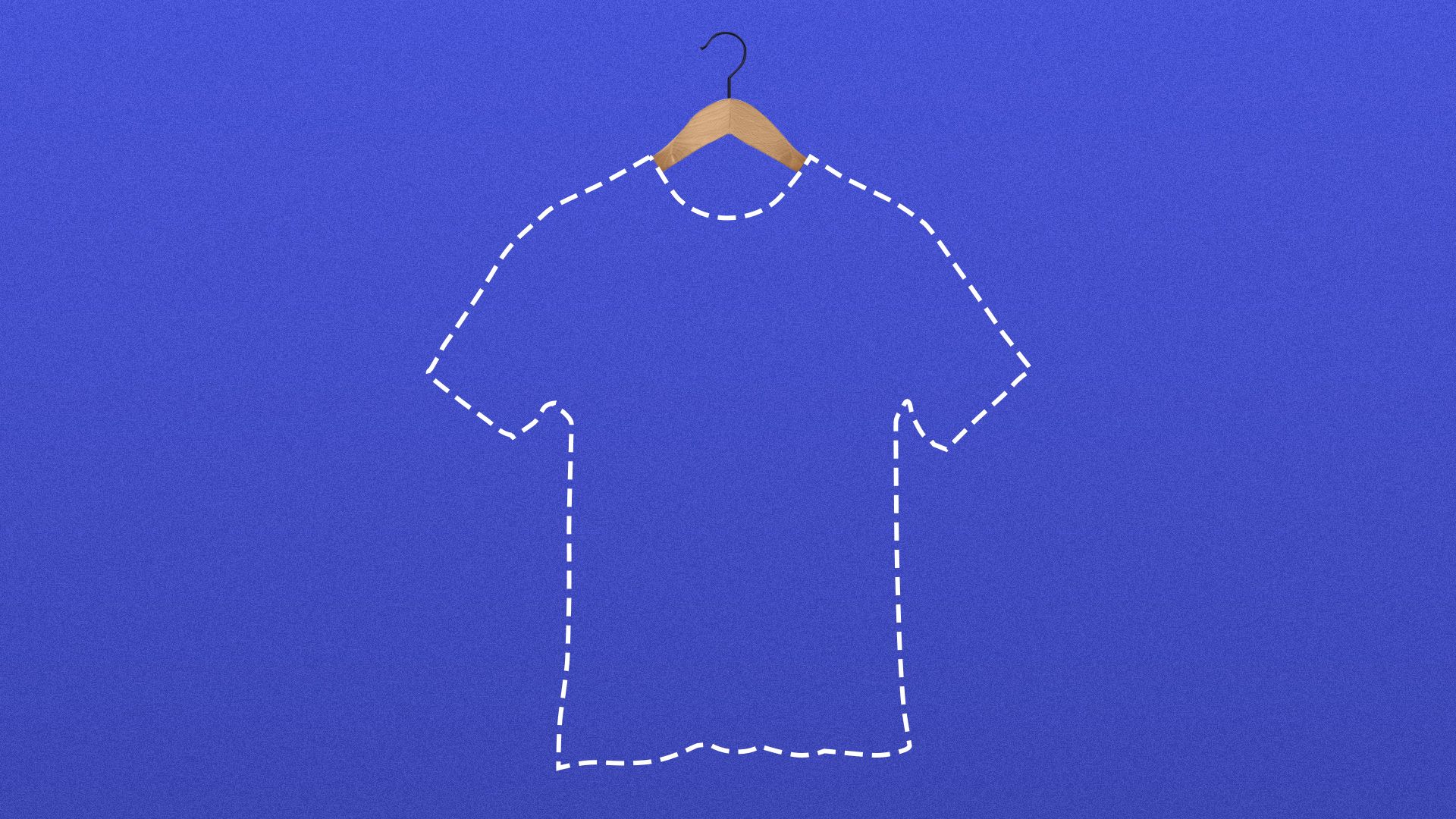 Illustration of a dotted outline of a t-shirt hanging on a clothes hanger.  