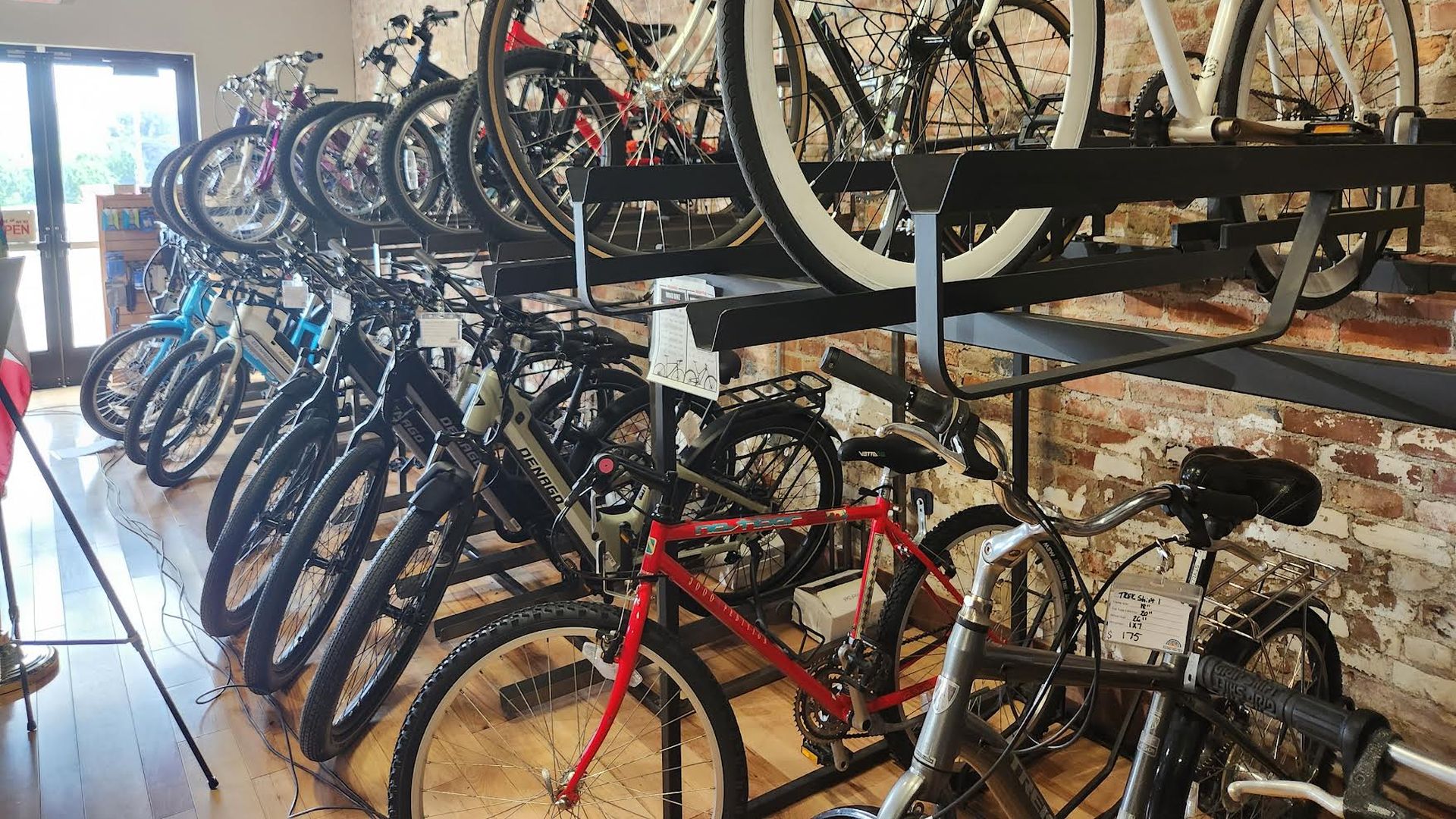 Rows of bicycles in a shop. 