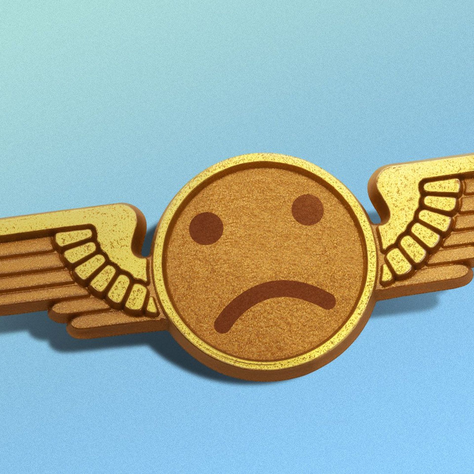 Illustration of a pilot wings pin with a sad face in the middle