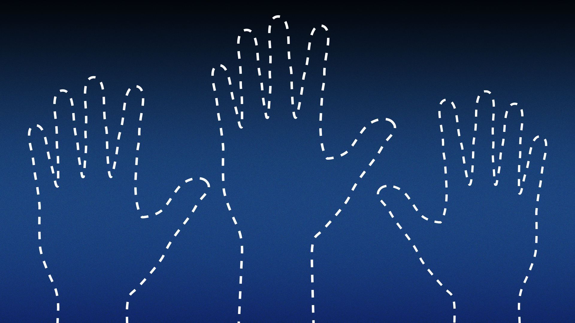 Illustration of three raised hand shapes traced by a dotted line