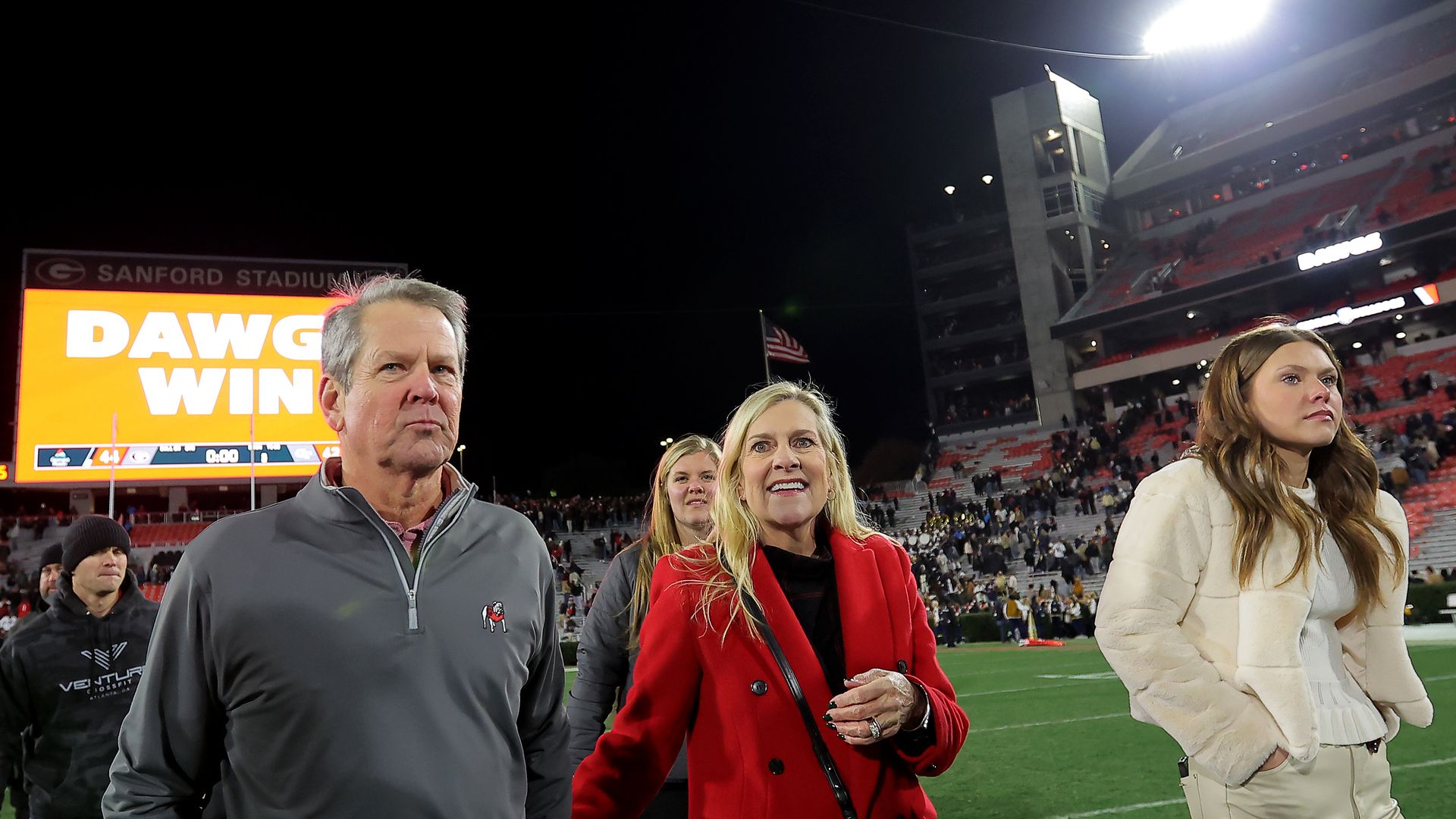 Georgia Gov. Brian Kemp and his family after the football game between the Georgia Bulldogs and the Georgia Tech Yellow Jackets on Nov. 29, 2024 on Dooley Field in Athens, Ga. 