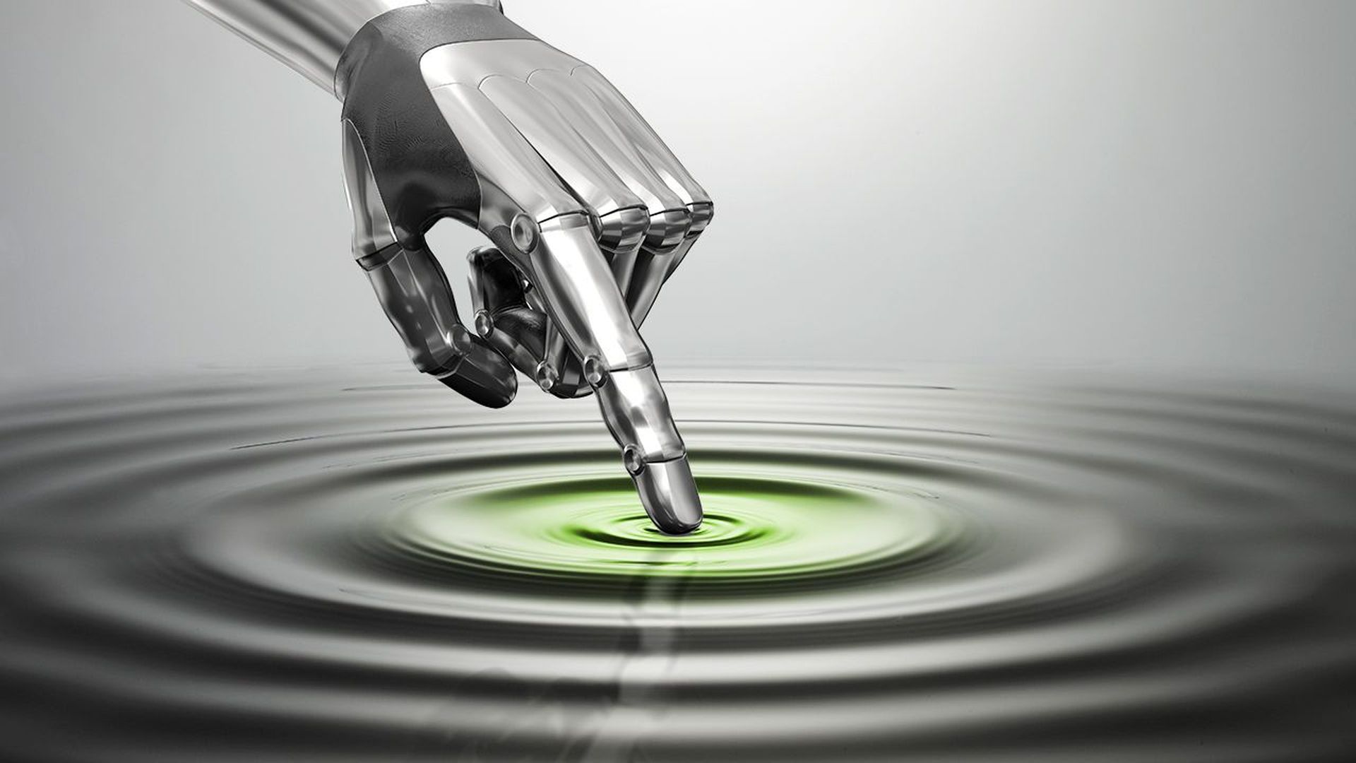 Illustration of a silver robot hand touching a surface and creating a glowing green ripple