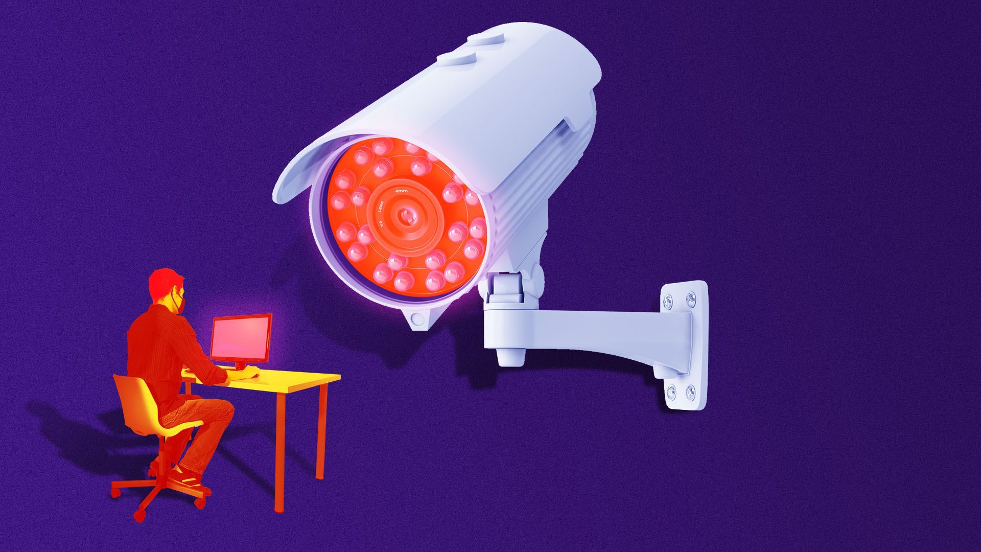 Illustration of a person sitting at a computer desk with a giant infrared camera taking their temperature