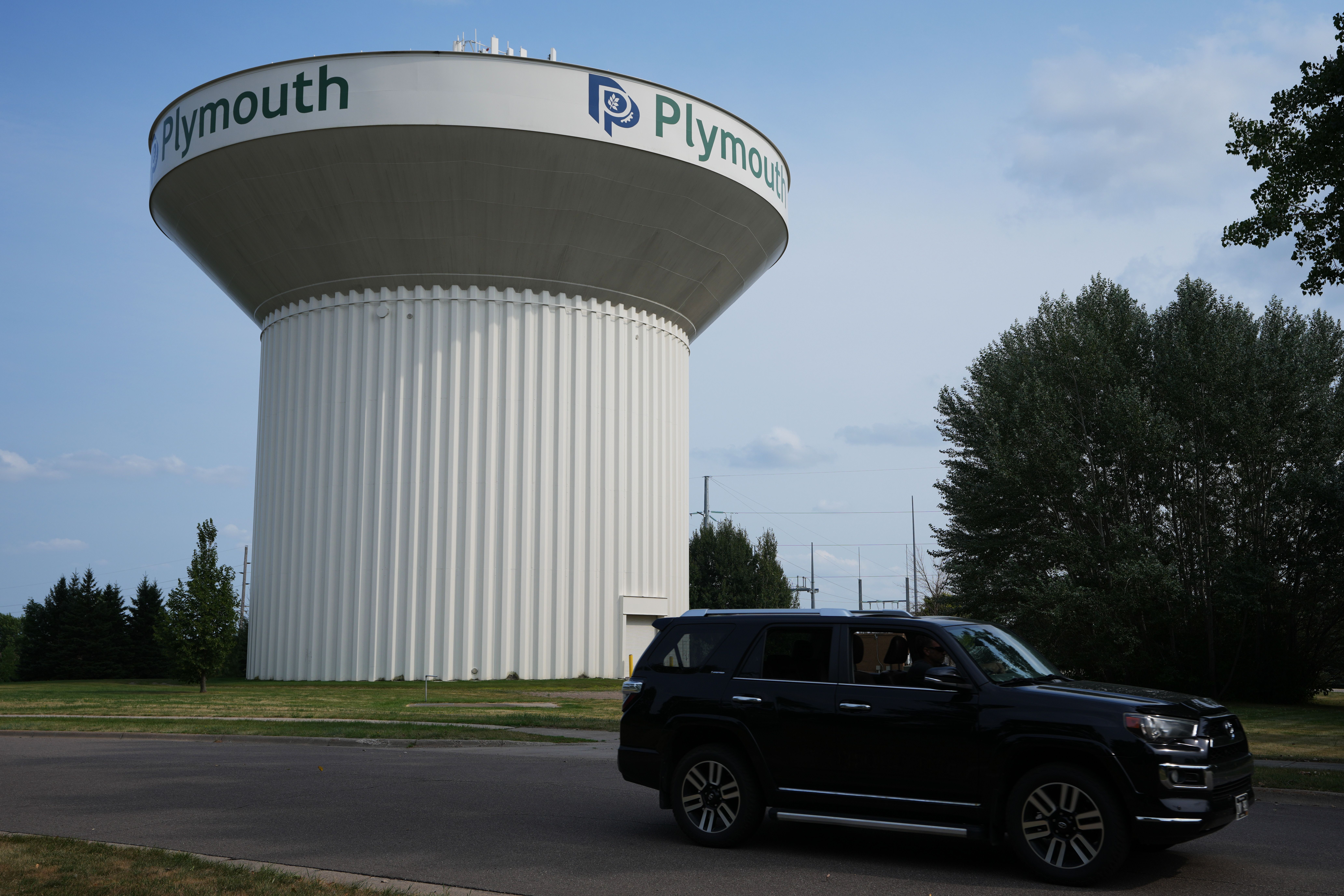 A water tower is seen Thursday, July 30, 2026, in Plymouth, Minn. A cyberattack targeted the operating technology at over 30 water systems in Minnesota, including Plymouth's, earlier this week, state officials said. (AP Photo/Ellen Schmidt)