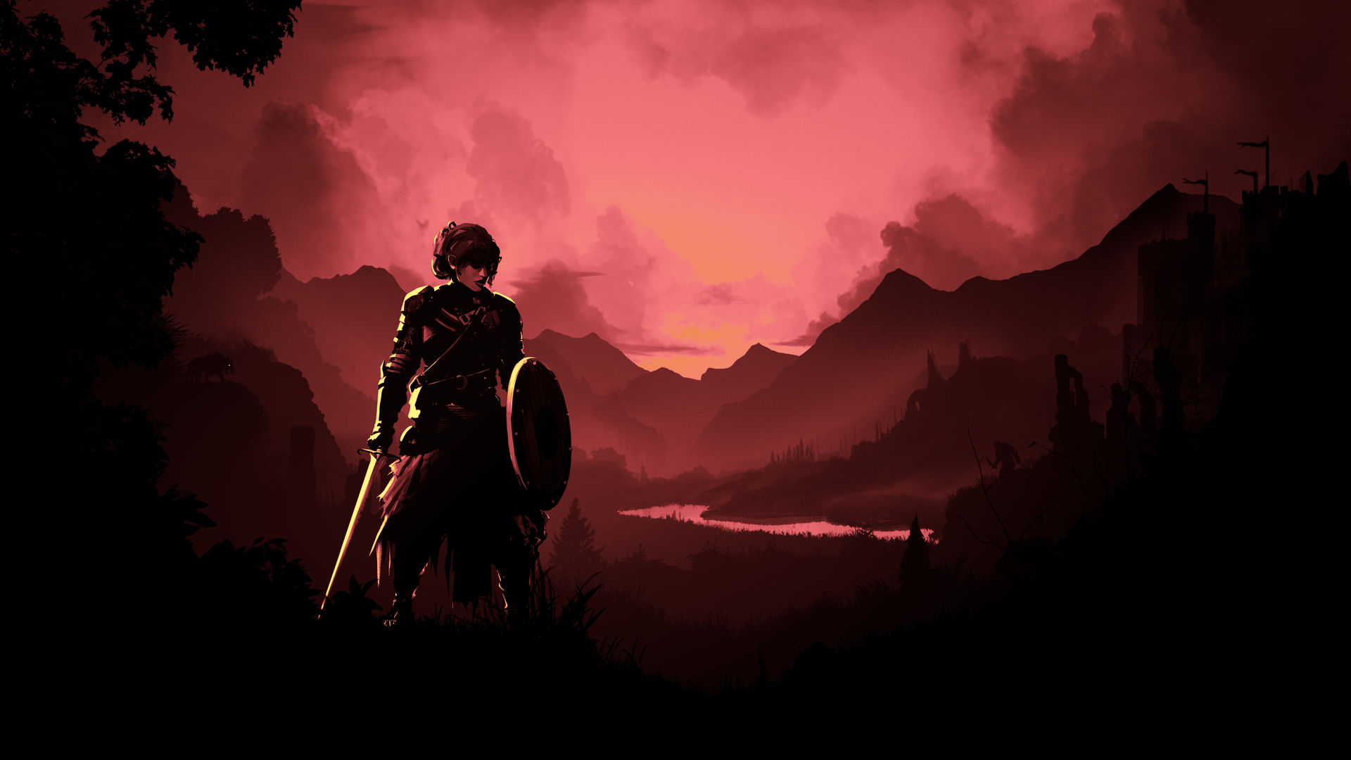 Artwork of a woman holding a sword and shield