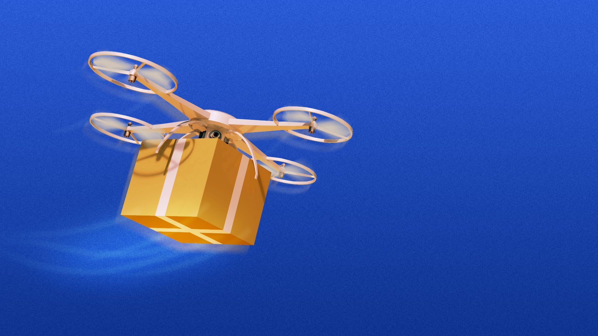Illustration of a drone carrying a package flying quickly through the air