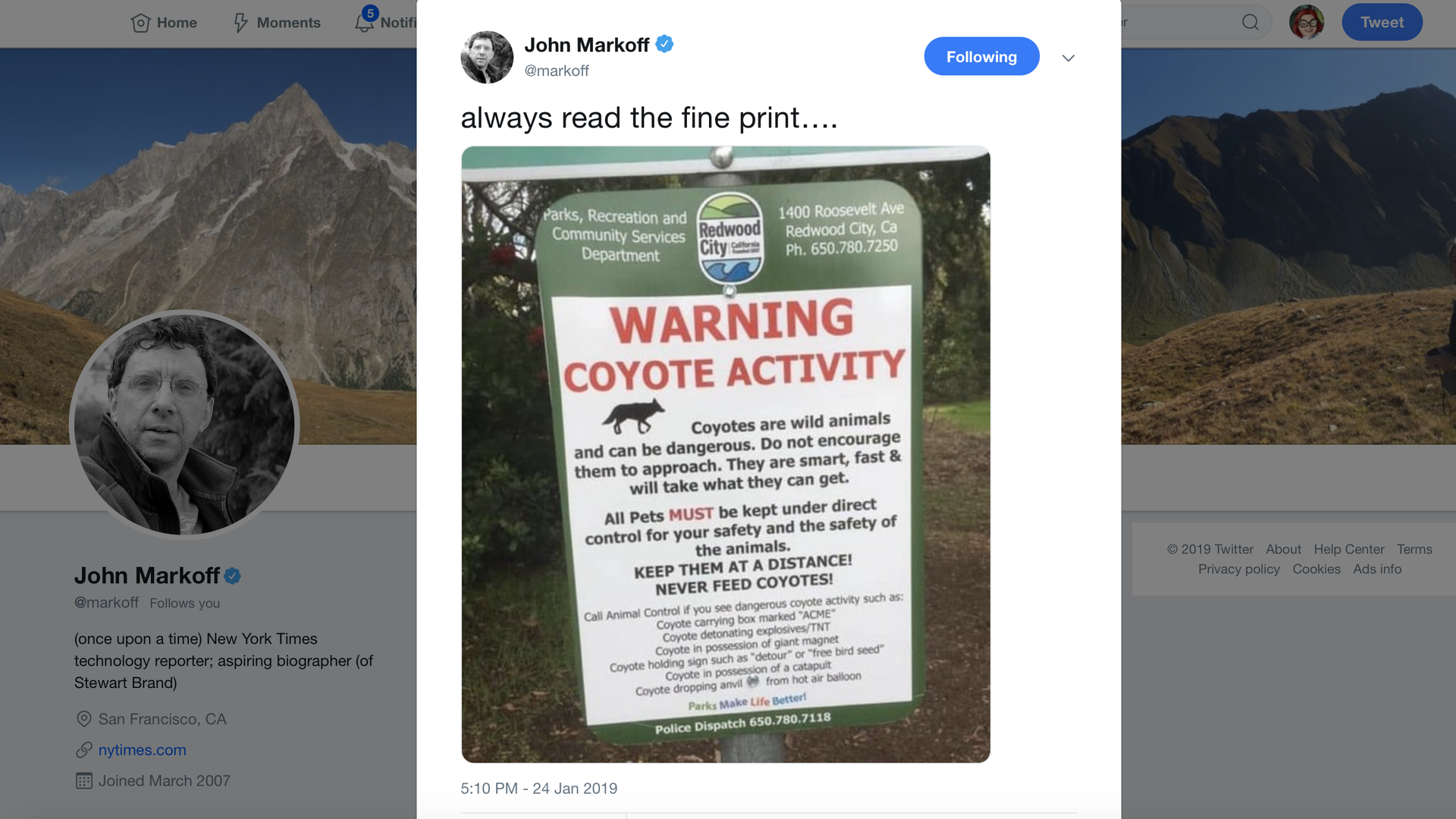 A Coyote warning sign worth reading