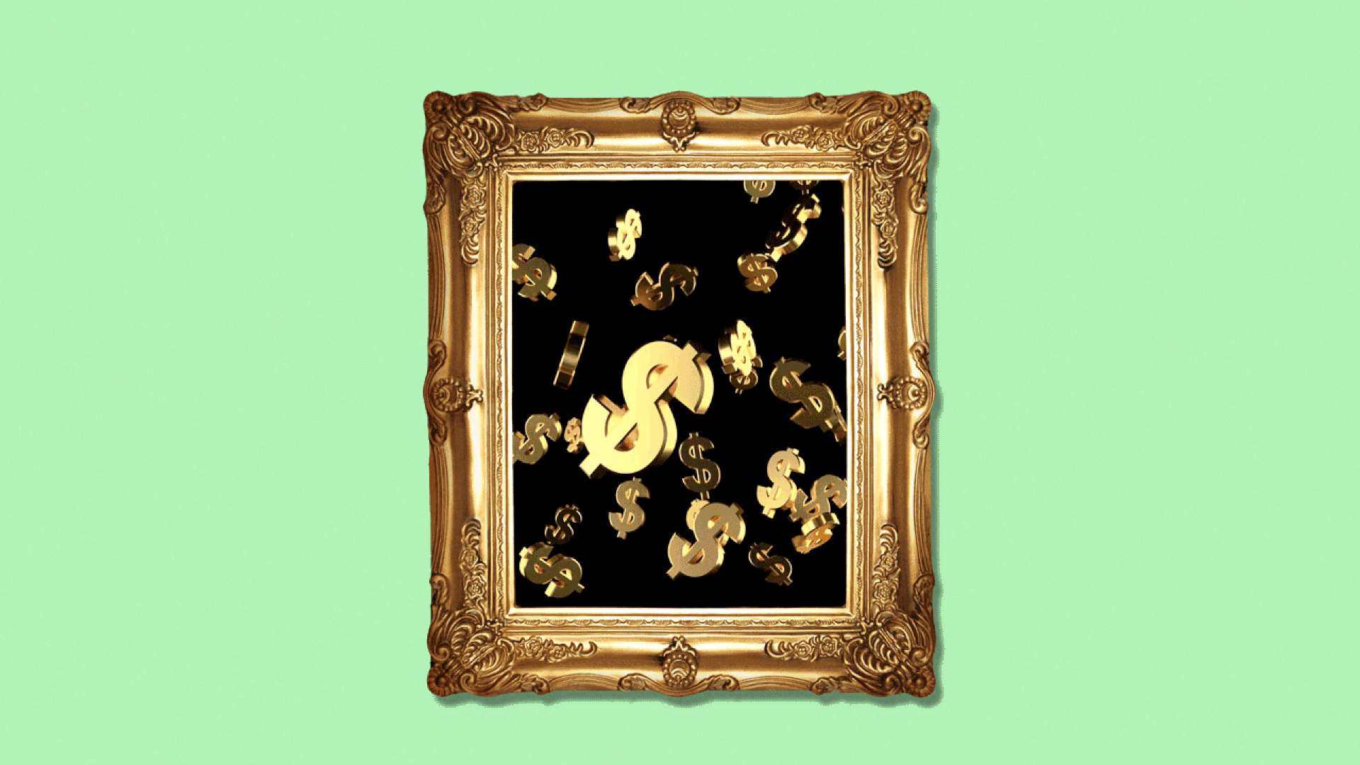 Animated illustration of an ornate frame with falling dollar signs.