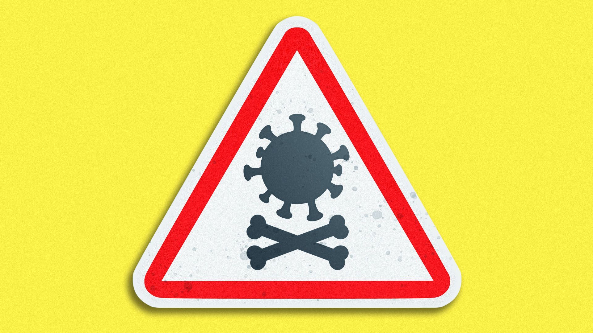 Illustration of a street sign featuring a skulls and bones with a virus icon in place of the skull