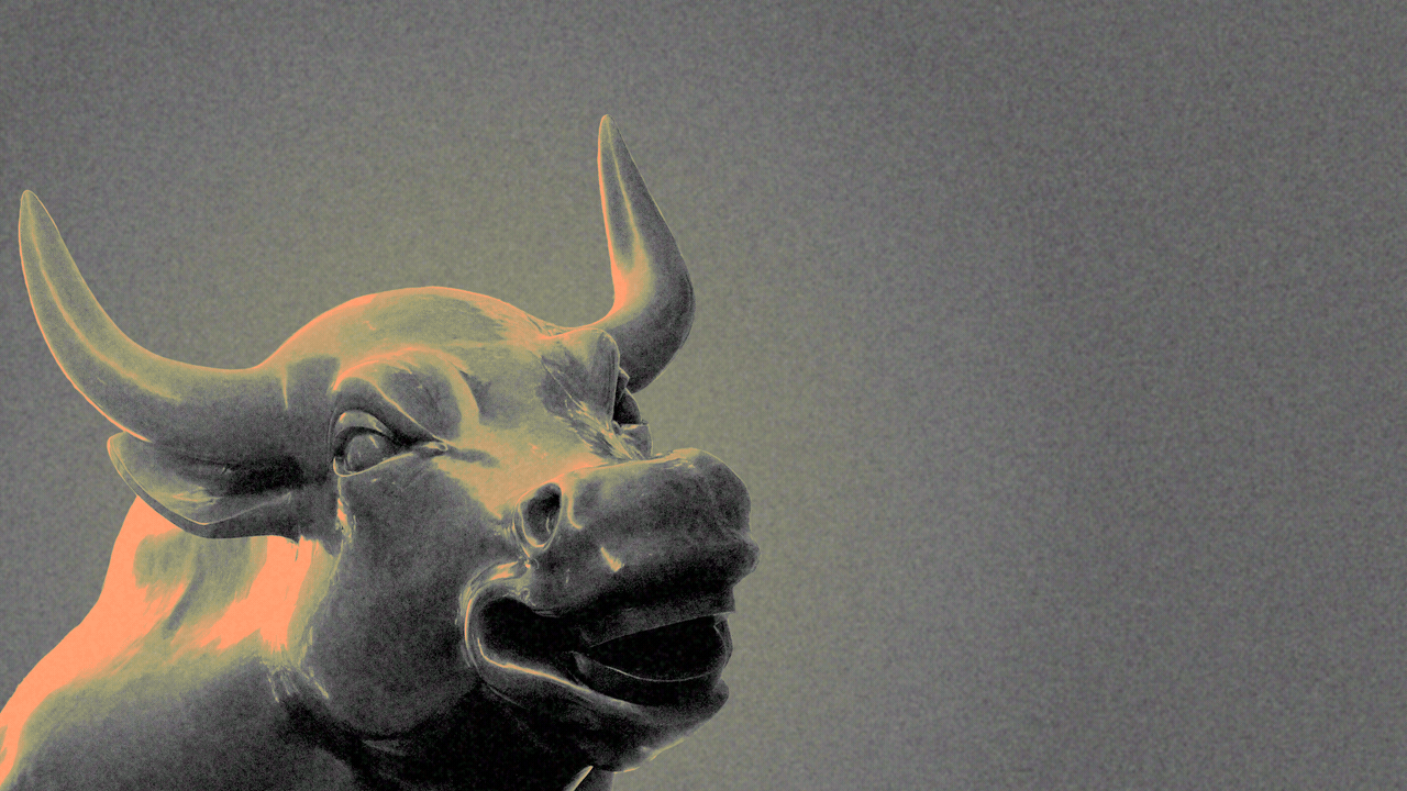 Animated photo illustration of the Wall Street bull statue shooting Claude logos out of its eyes.