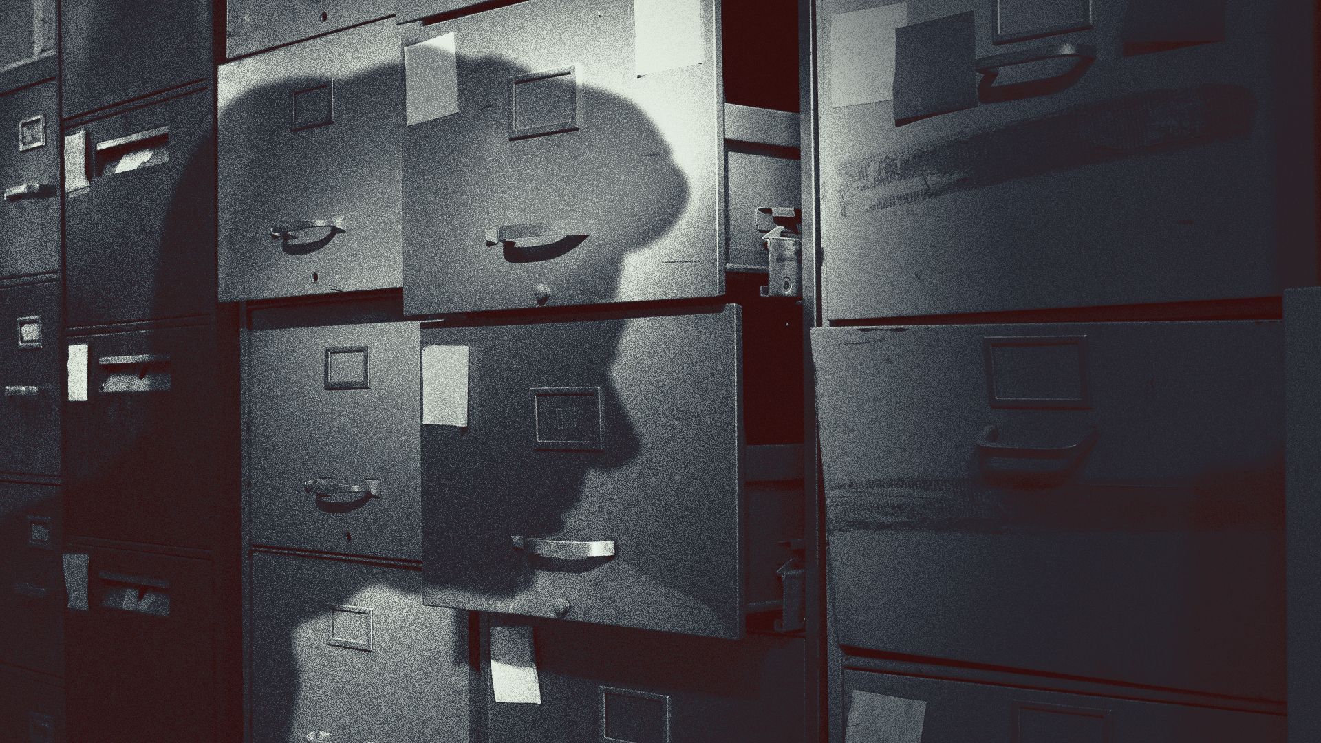 Illustration of the shadow of John F. Kennedy in profile being cast on old file cabinets. 