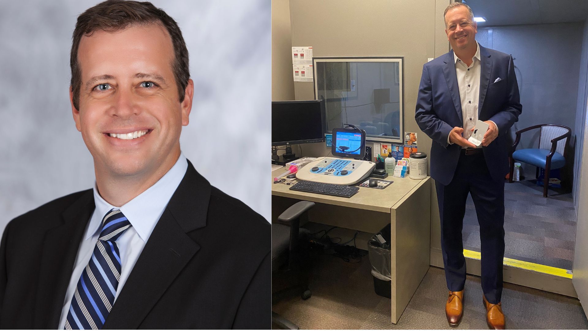 A headshot of a man wearing a suit on the left. On the right is a man wearing a suit in a medical office.